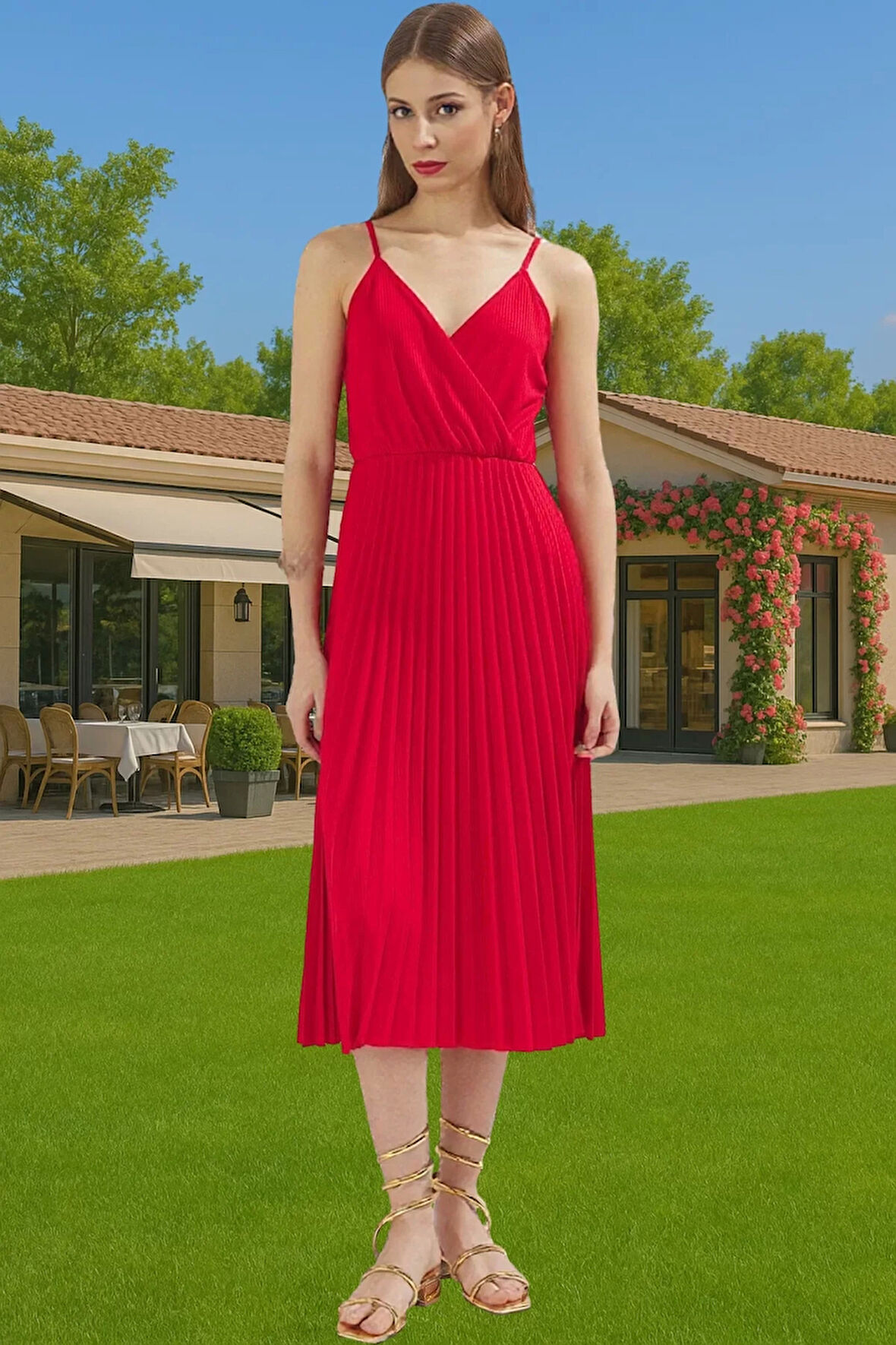 Pileli Midi Elbise Polyester Örme Yazlık Günlük Şık Özenle Seçilmiş Modern Stil Zarifane Tasarım