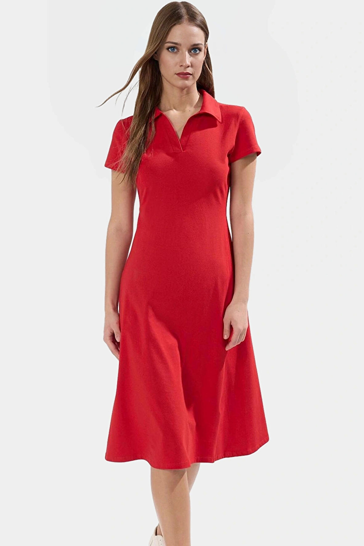 Kadın Polo Yaka Örme Midi Elbise Pamuklu Rahat Günlük Seçkin Malzeme Kullanım