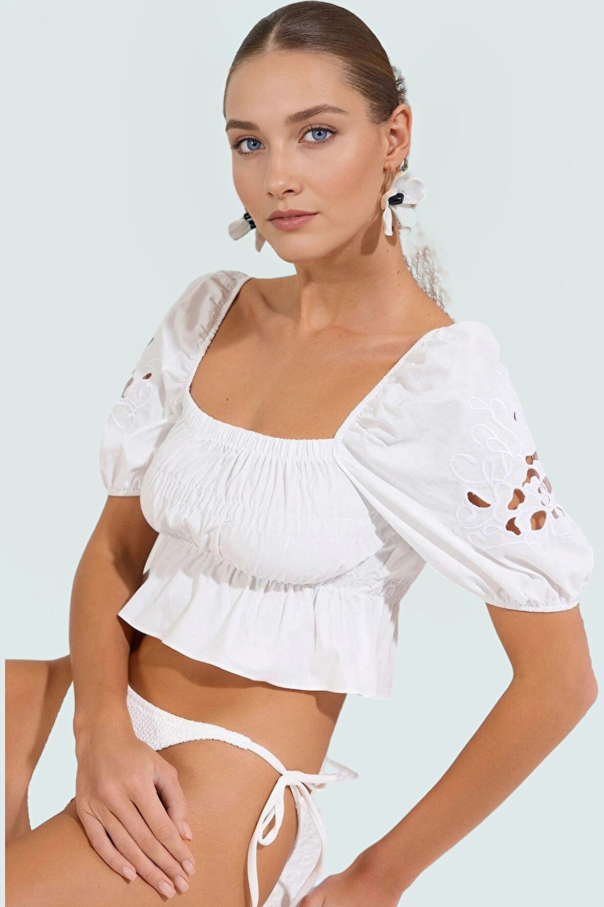 Yazlık Nakışlı Fitted Plaj Bluz Terrycotton Kumaş Premium Kalite Trend Tasarım Yüksek