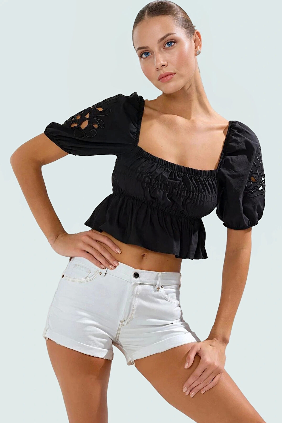 Yazlık Nakışlı Fitted Plaj Bluz Terrycotton Kumaş Premium Kalite Trend Tasarım Yüksek