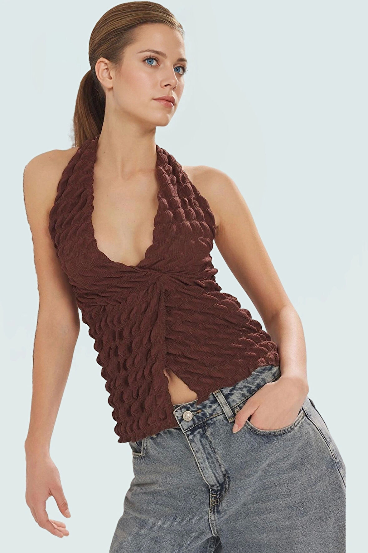 Asimetrik Kolsuz Örme Bluz Fitted Kalıp Yazlık Konforlu Kesim Profesyonel Görünüm