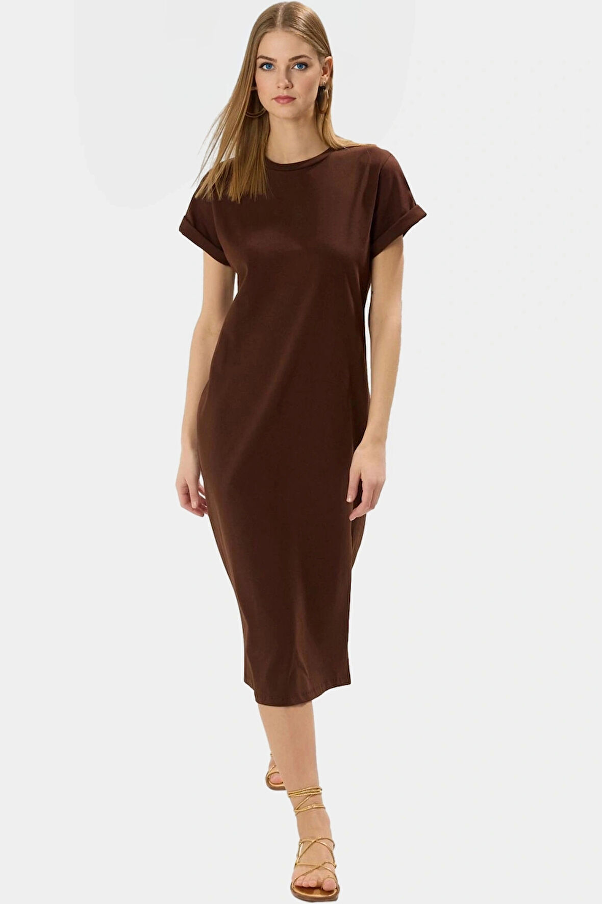 Rahat Kesim Midi Boy Örme Pamuklu T shirt Elbise Günlük Kullanım Kaliteli İşçilik Premium Kalite