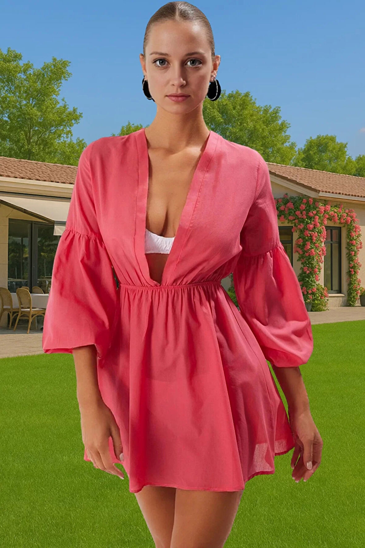 Yazlık Kadın Maxi Balon Kollu Pamuk Vual Plaj Elbisesi Özenle Seçilmiş Özel Tasarım Rahat Kullanım