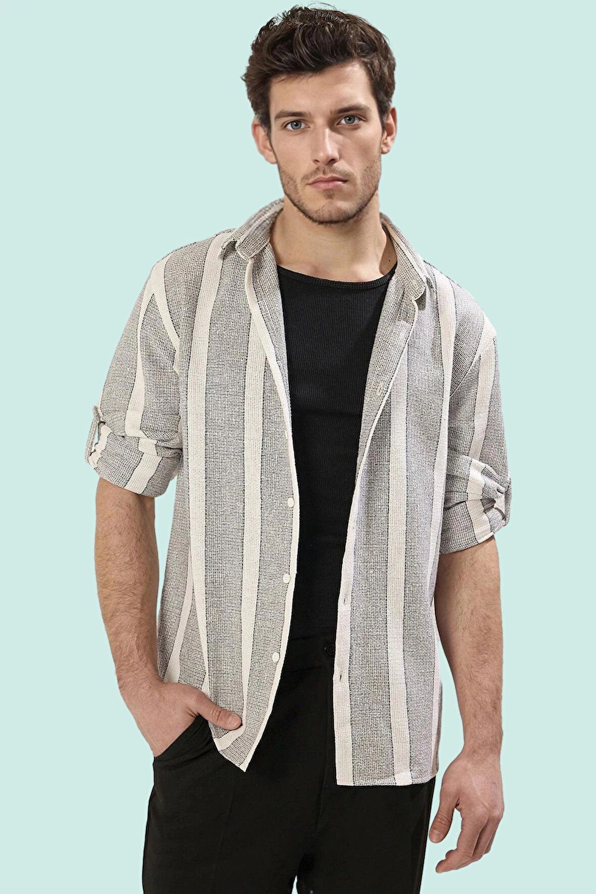 Erkek Çizgili Apaş Yaka Kısa Kollu Etamine Gömlek Rahat Günlük Yaz Hafta Sonu Modern Tasarım