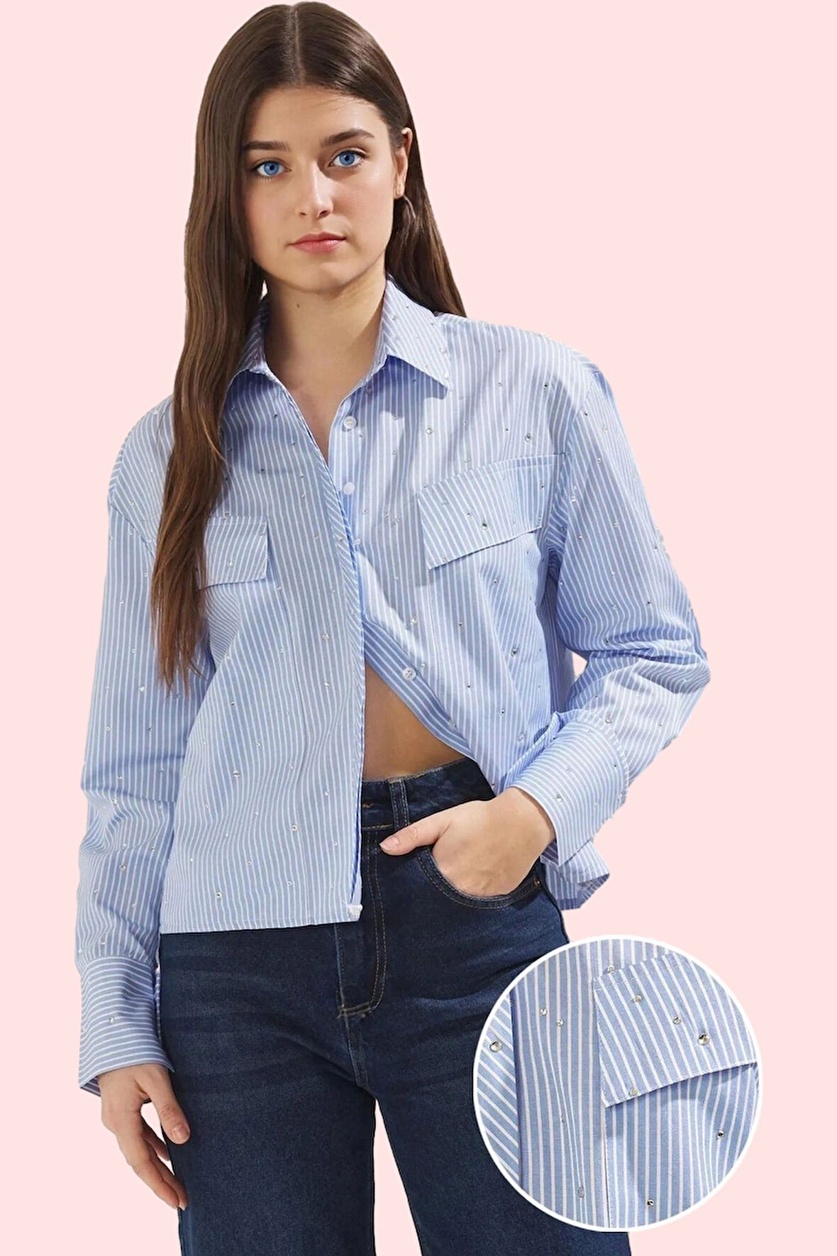 Kadın Çizgili Oversize Gömlek Taş Detaylı Cepli Basic Günlük Hafta Sonu Yaz Aylarının Vazgeçilmezi