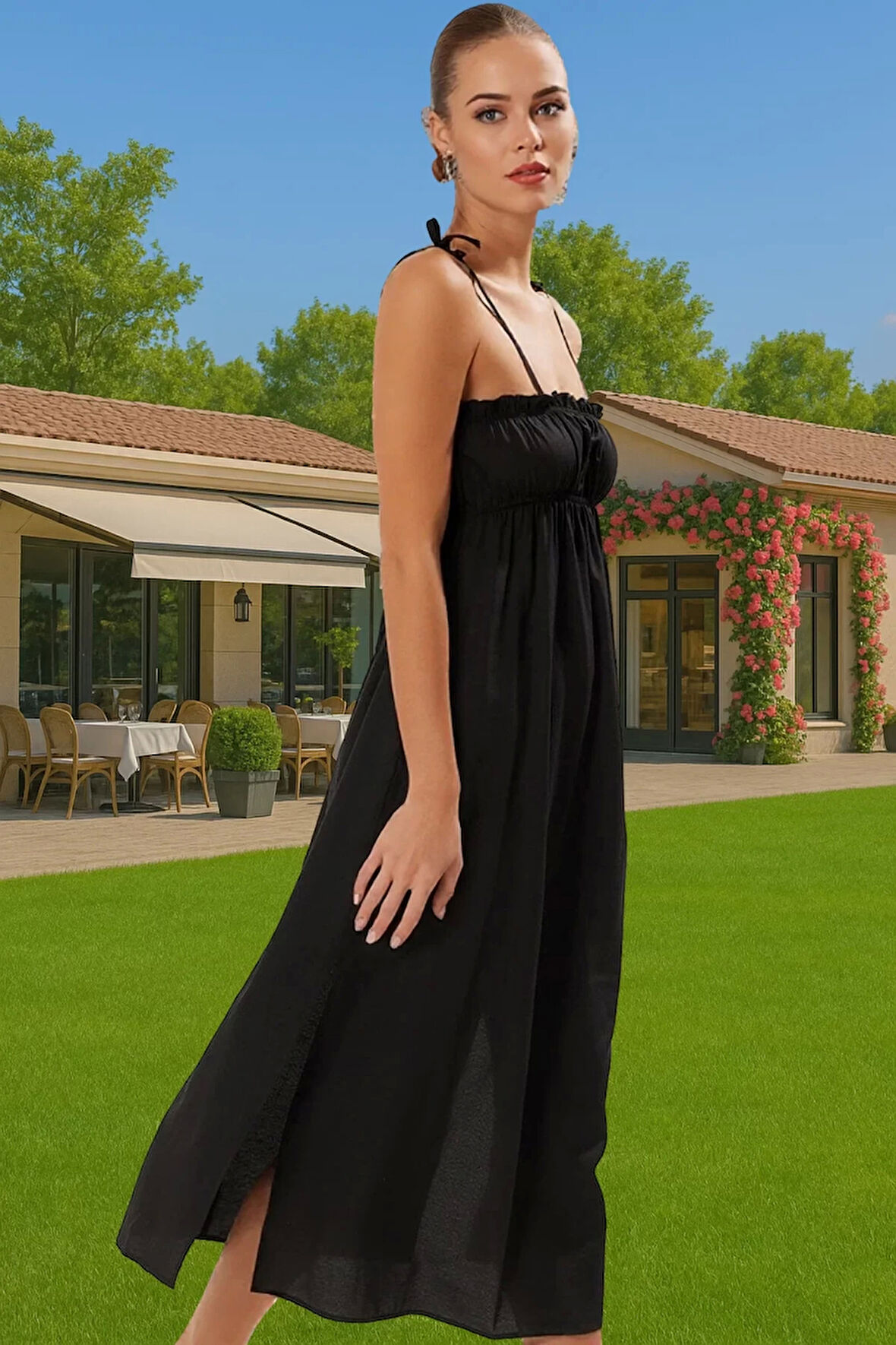 Yazlık Kadın Midi Poplin Elbise Büzgü Detaylı Tek Omuz Profesyonel Görünüm Premium Kalite