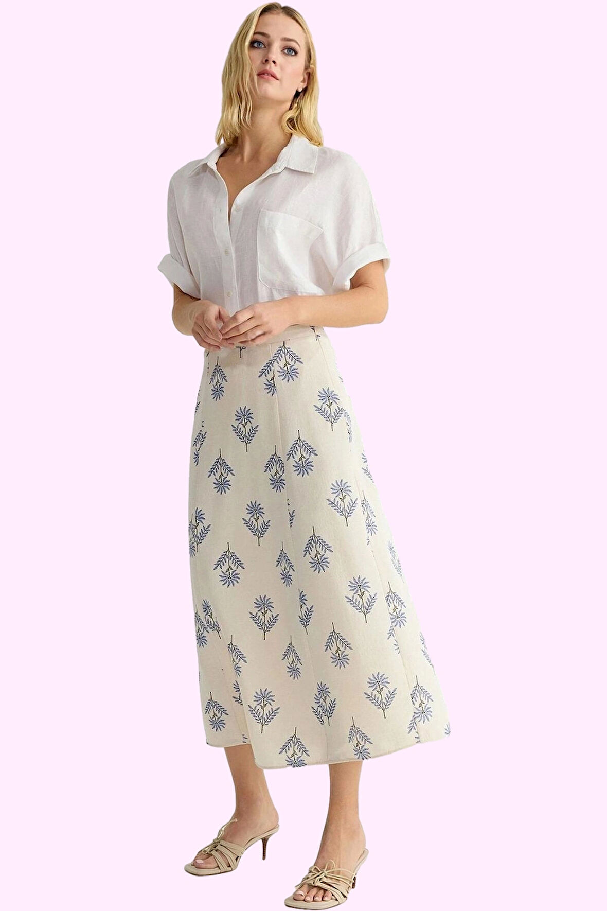 Kadın Çiçek Desenli A Line Midi Etek Keten Karışımlı Rahat Günlük Yaz Stilin Buluştuğu Yer