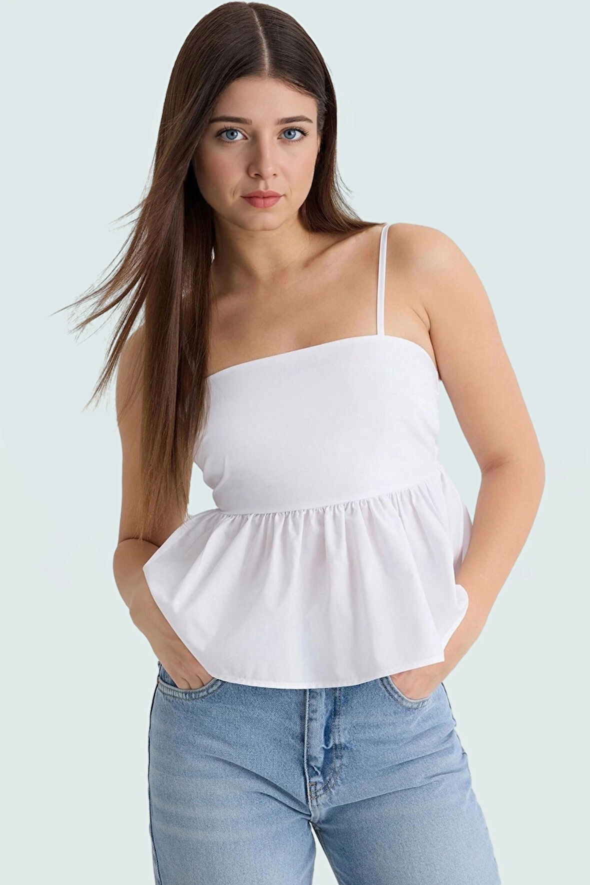 Crop Bluz İnce Askılı Dacron Dokuma Yazlık Şık Görünüm Uzun Ömürlü Zarifane Tasarım