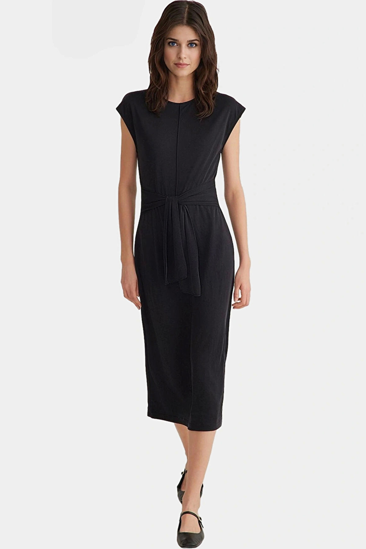 Şık Midi Elbise Modal Polyester Kumaş Kuşaklı Tasarım Rahat Kalıp Günlük Kullanım İçin