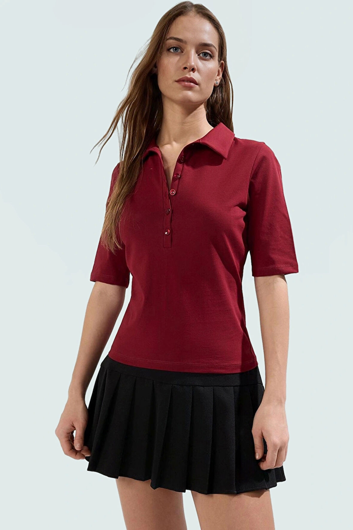 Melanj Polo Yaka Truvakar Kol Fitted Pamuklu Bluz Özel Tasarım Trend Özenle Seçilmiş