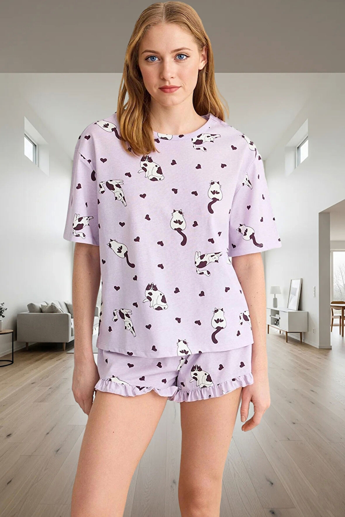 Kadın Kedi Desenli Pamuklu Fırfırlı Pijama Takımı Rahat Ev Giyim Özenle Seçilmiş Profesyonel Görünüm