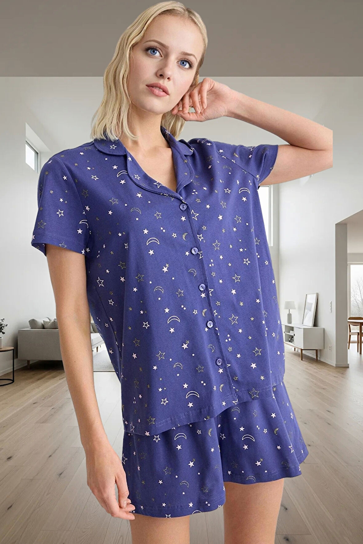 Kadın Melanj Galaksi Desenli Rahat Pijama Takımı Profesyonel Görünüm Uzun Ömürlü Günlük Kullanım İçin