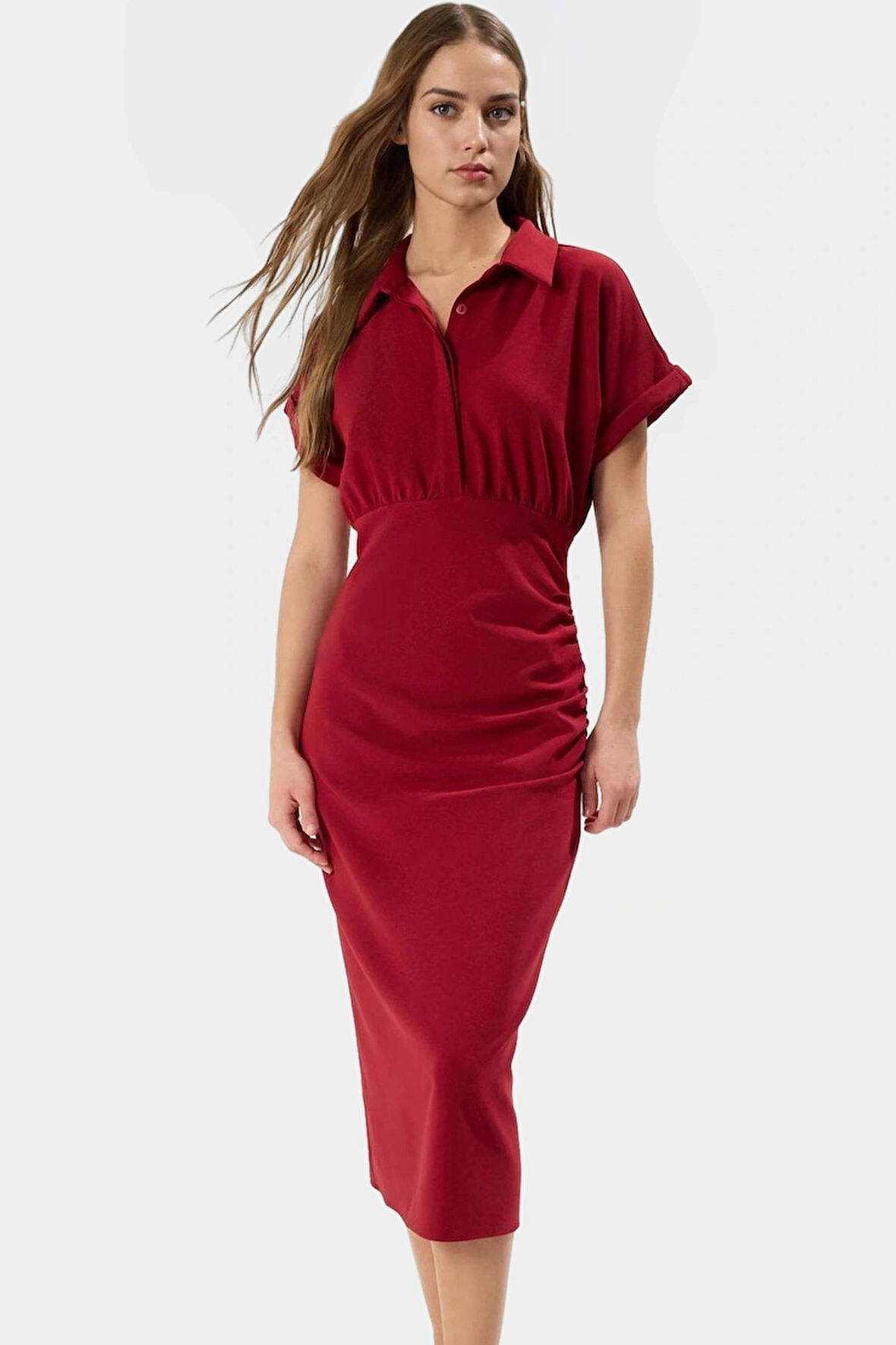 Şık Midi Boy Bodycon Elbise Dokuma Kumaştan Yazlık Kıyafet Profesyonel Görünüm Uzun Ömürlü