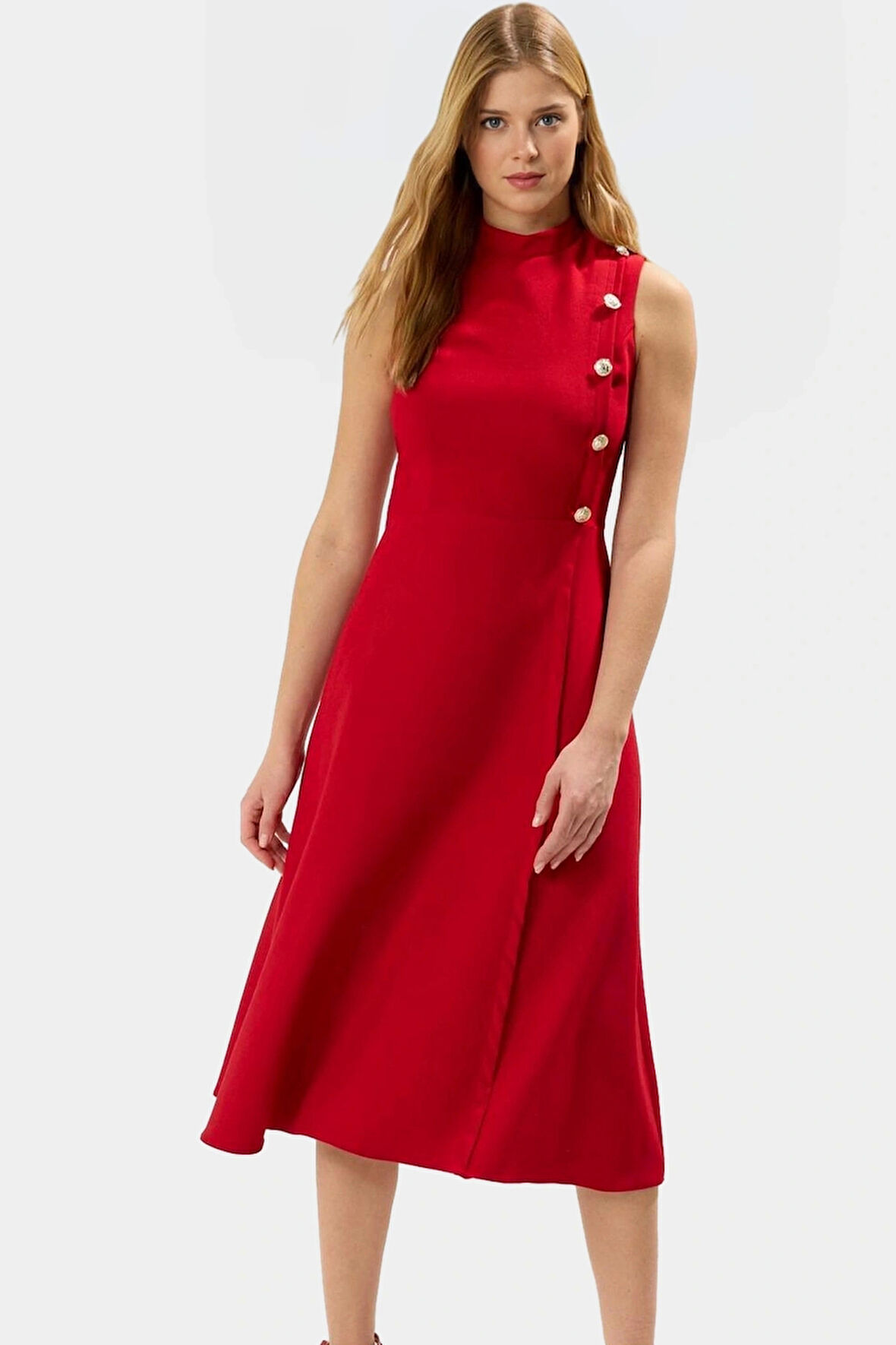 Yazlık Midi Dokuma Elbise Belden Etekli Ofis Şıklığı Premium Kalite Yüksek