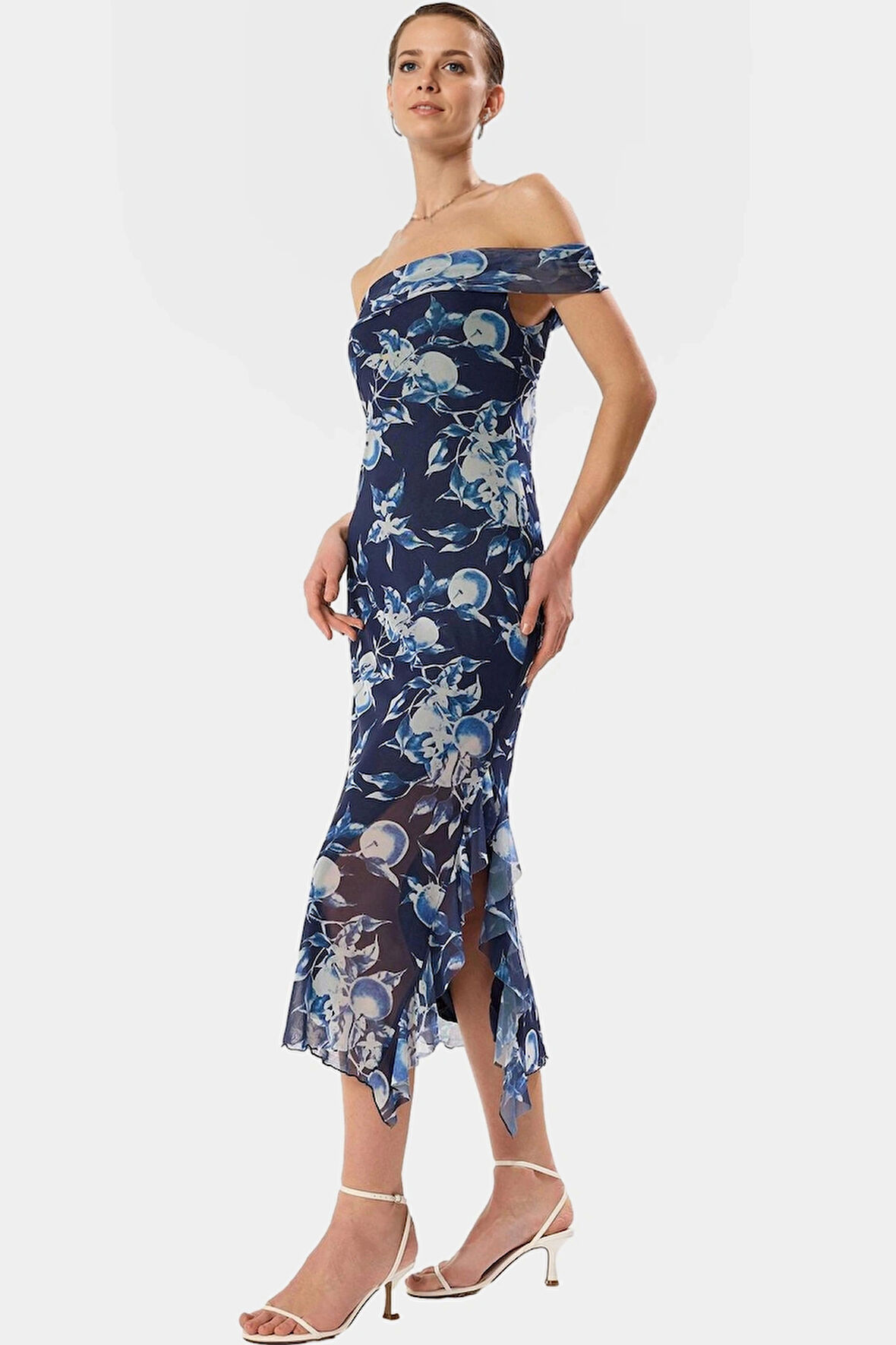 Çiçekli Desenli Midi Boy Tül Elbise Şık Bodycon Kalıp Rahat Polyester Kumaş Görünüm