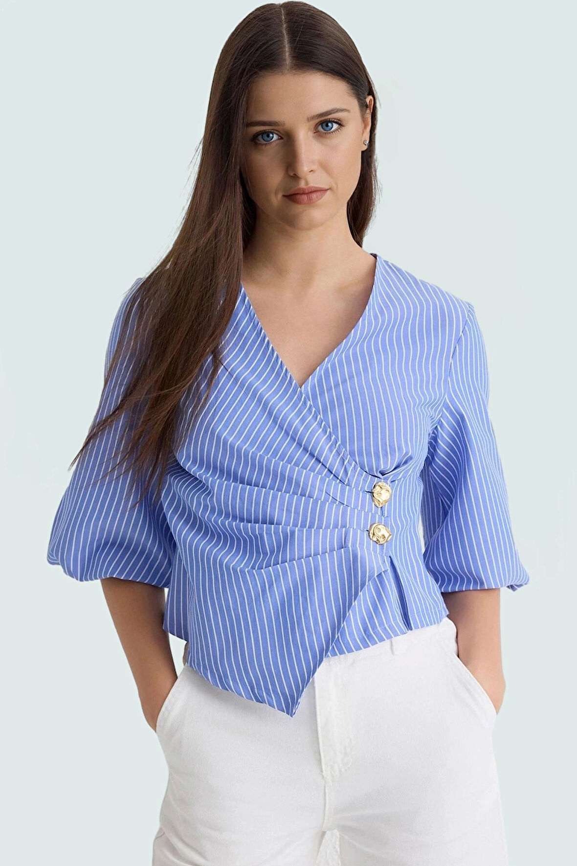 Çizgili Fitted Terrycotton Bluz Kısa Kol Yazlık Günlük Konforlu Kesim Zarifane Tasarım