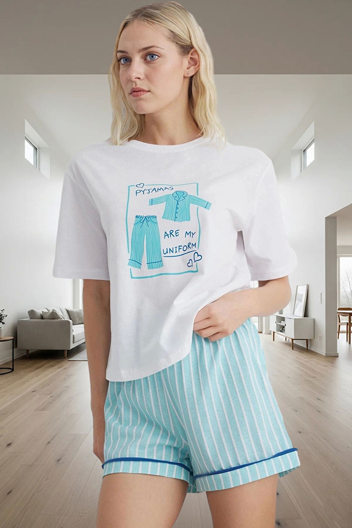 Kadın Pamuklu Regular Kalıp Kısa Kollu Bisiklet Yaka Pijama Takımı Uzun Ömürlü Özenle Seçilmiş