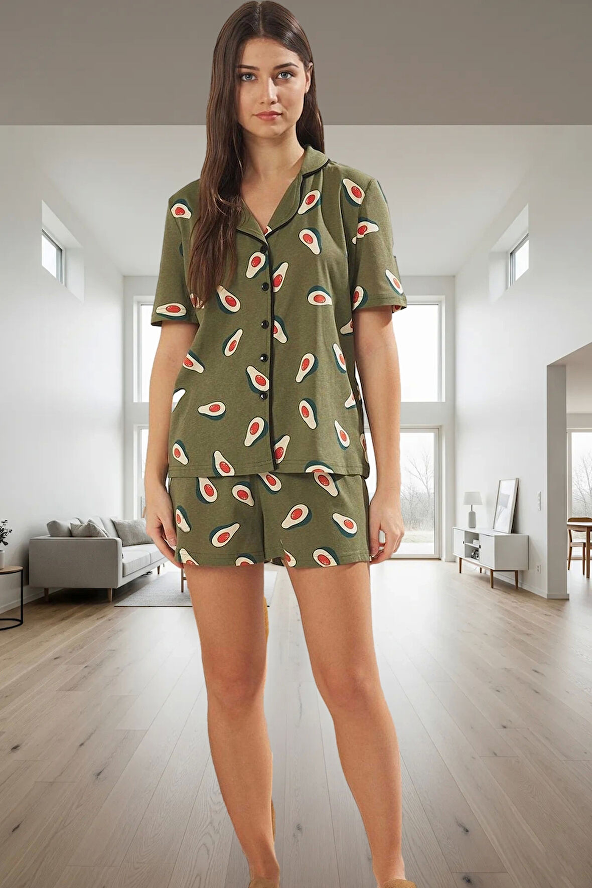 Kadın Avokado Desenli Pamuklu Pijama Takımı Konforlu Kesim Dayanıklı Malzeme Yüksek Kalite
