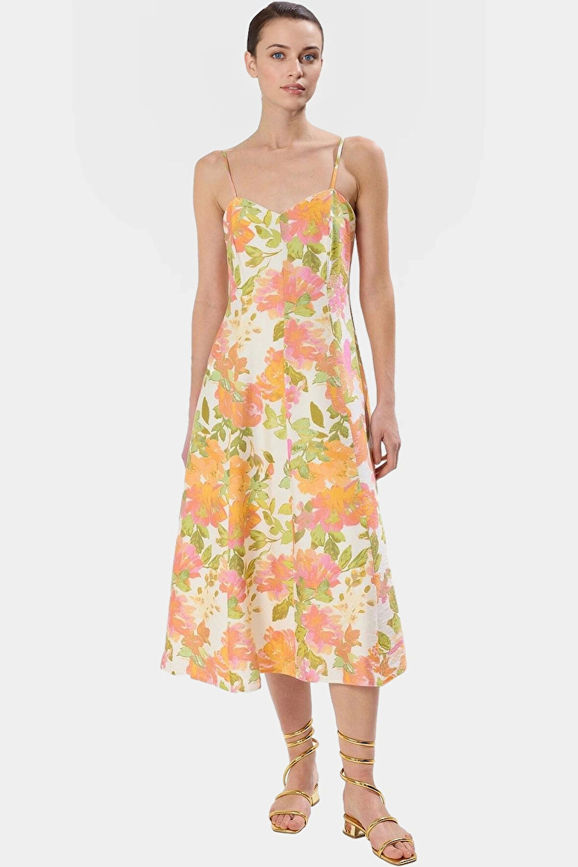 Çok Çiçekli Midi Elbise Skater Kalıp Polyester Yazlık Günlük Kullanım İçin Rahat Ve Şık