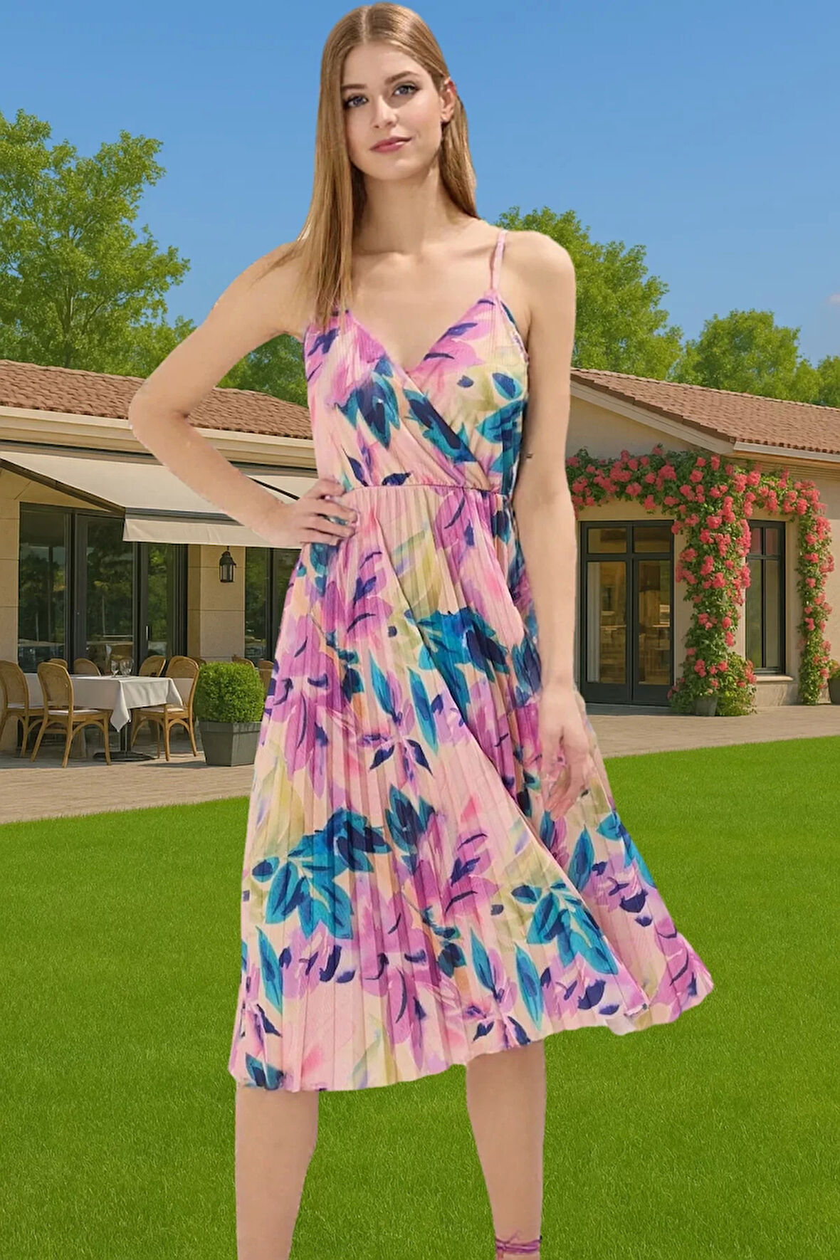 Pileli Midi Elbise Polyester Örme Yazlık Günlük Şık Özenle Seçilmiş Modern Stil Zarifane Tasarım