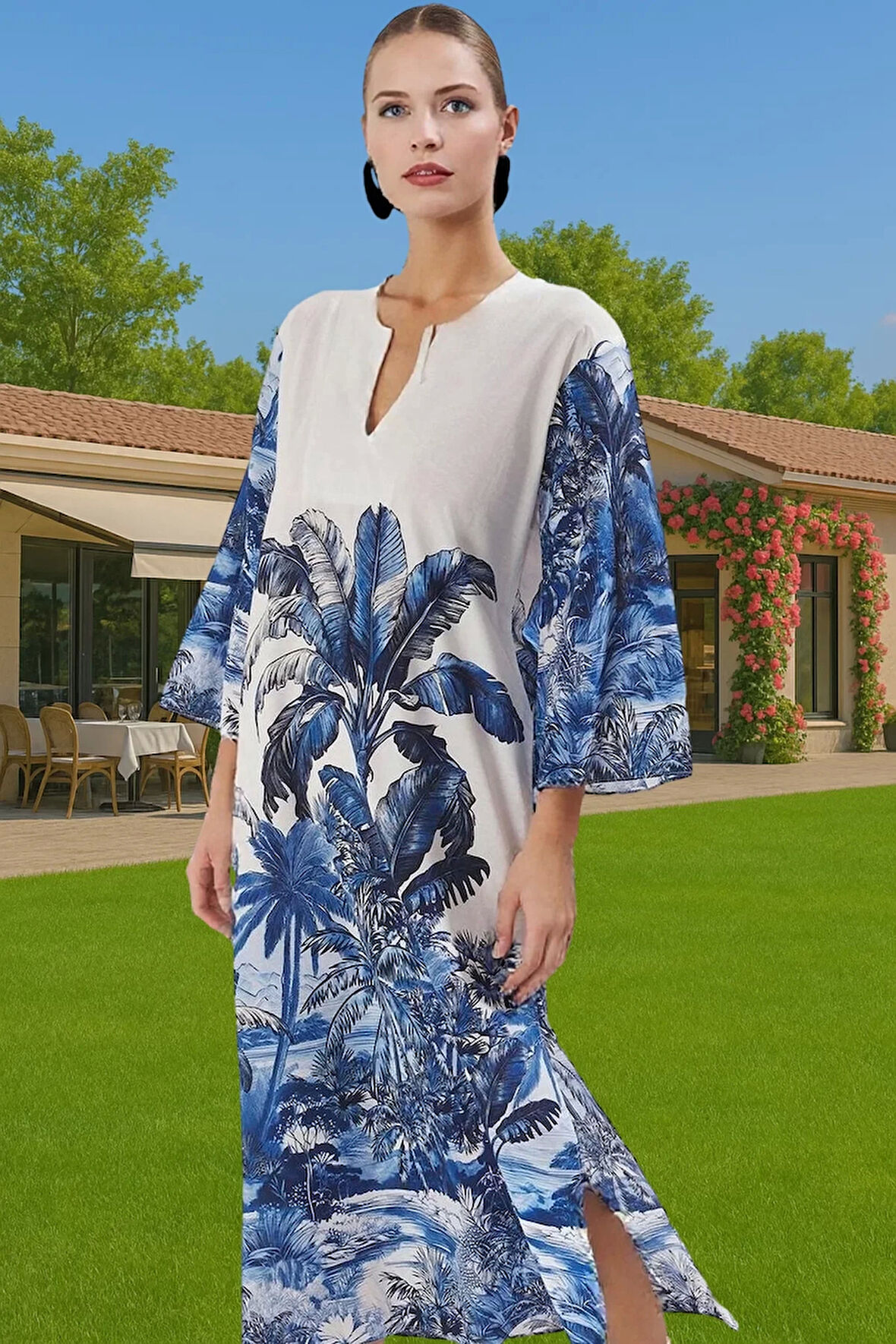 Plaj Elbisesi Tropikal Desenli Maxi Vual Pamuk Yazlık Konforlu Kesim Trend Tasarım Seçkin Malzeme