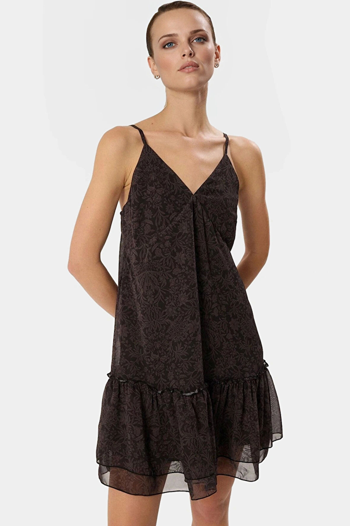 Şifon Mini Elbise Desenli Shift Kalıp Polyester Yazlık Günlük Rahat Ve Şık Görünüm