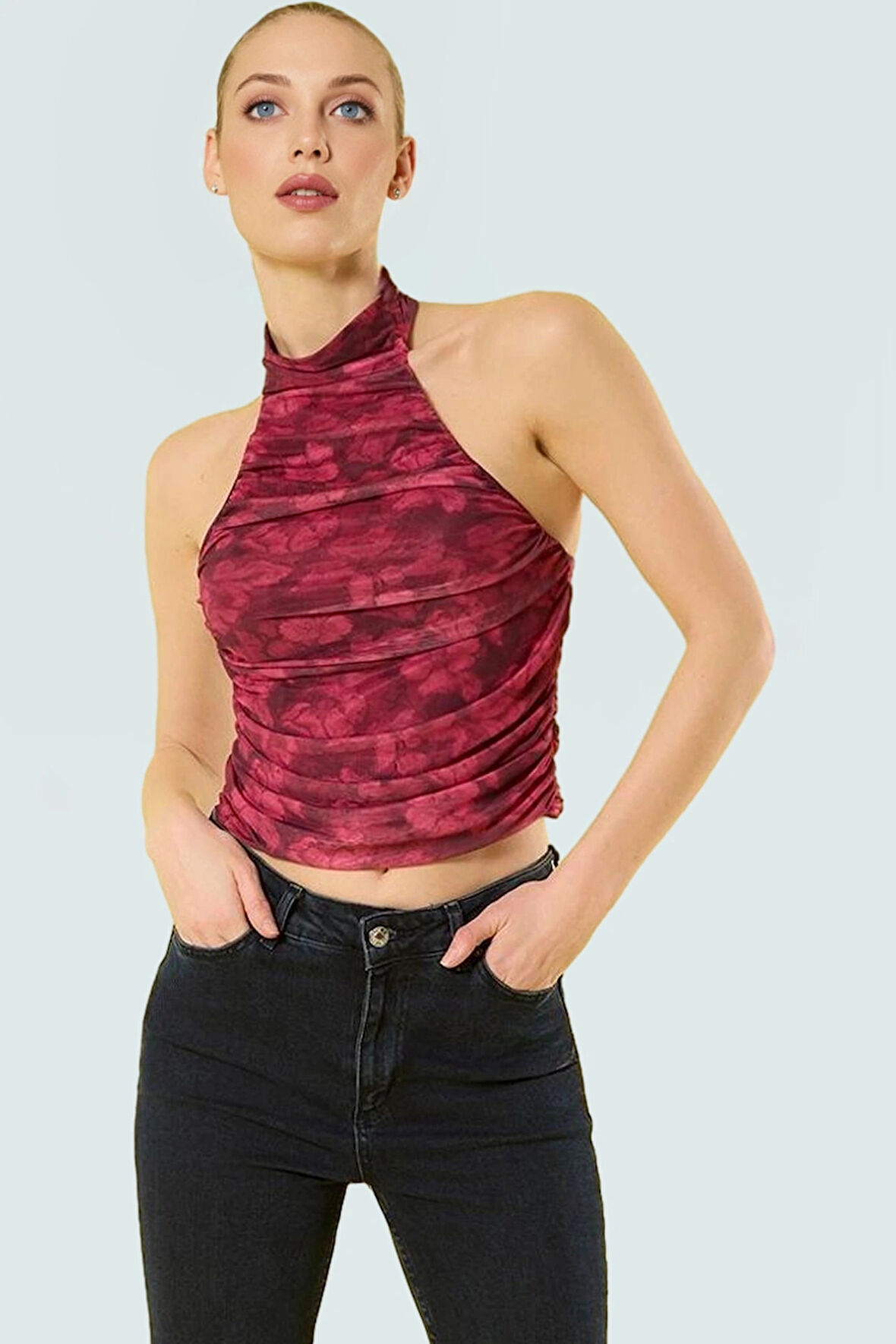Yazlık Crop Halter Yaka Tül Bluz Polyester Elastan Özenle Seçilmiş Yüksek Kalite Özel Tasarım