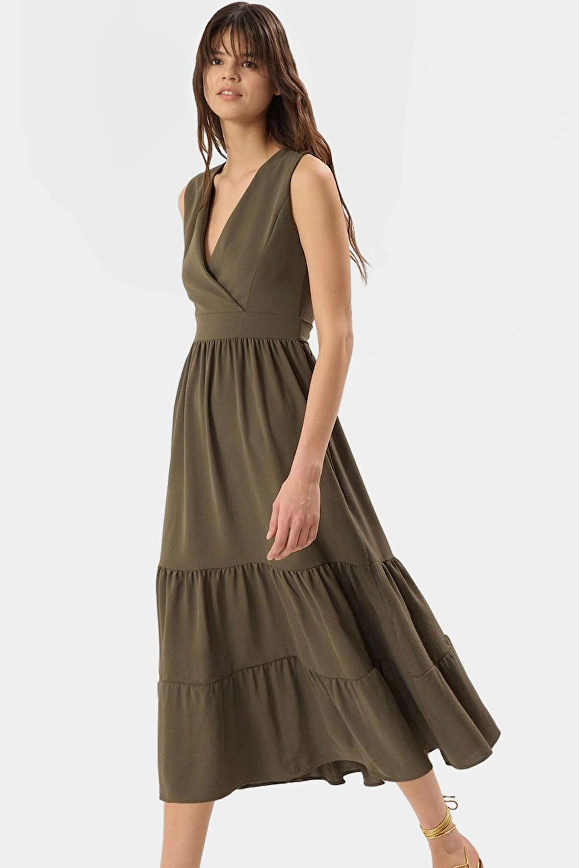 Kadın Midi Boy V Yaka Aerobin Dokuma Elbise Rahat Günlük Stil Trend Tasarım Modern