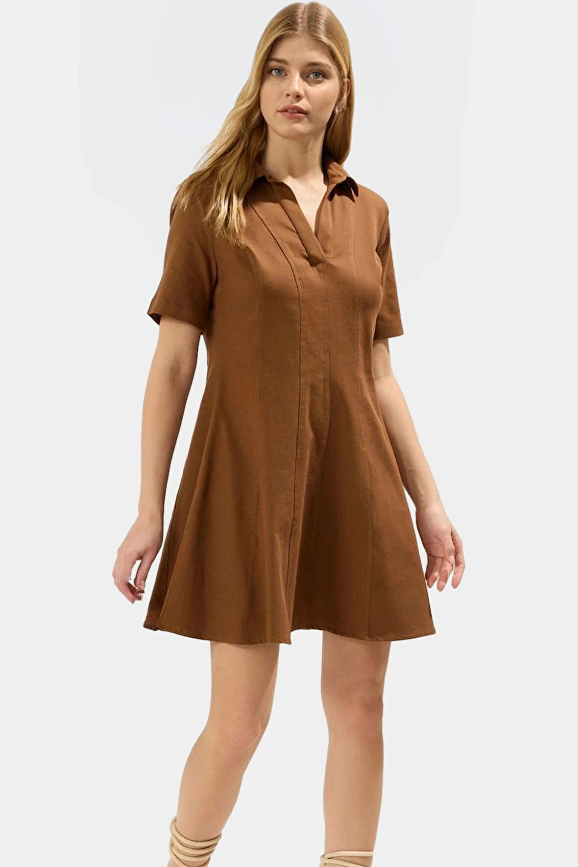 Gabardin Kumaş Mini Elbise Belden Açılan Dikiş Detayı Günlük Stil Premium Kalite