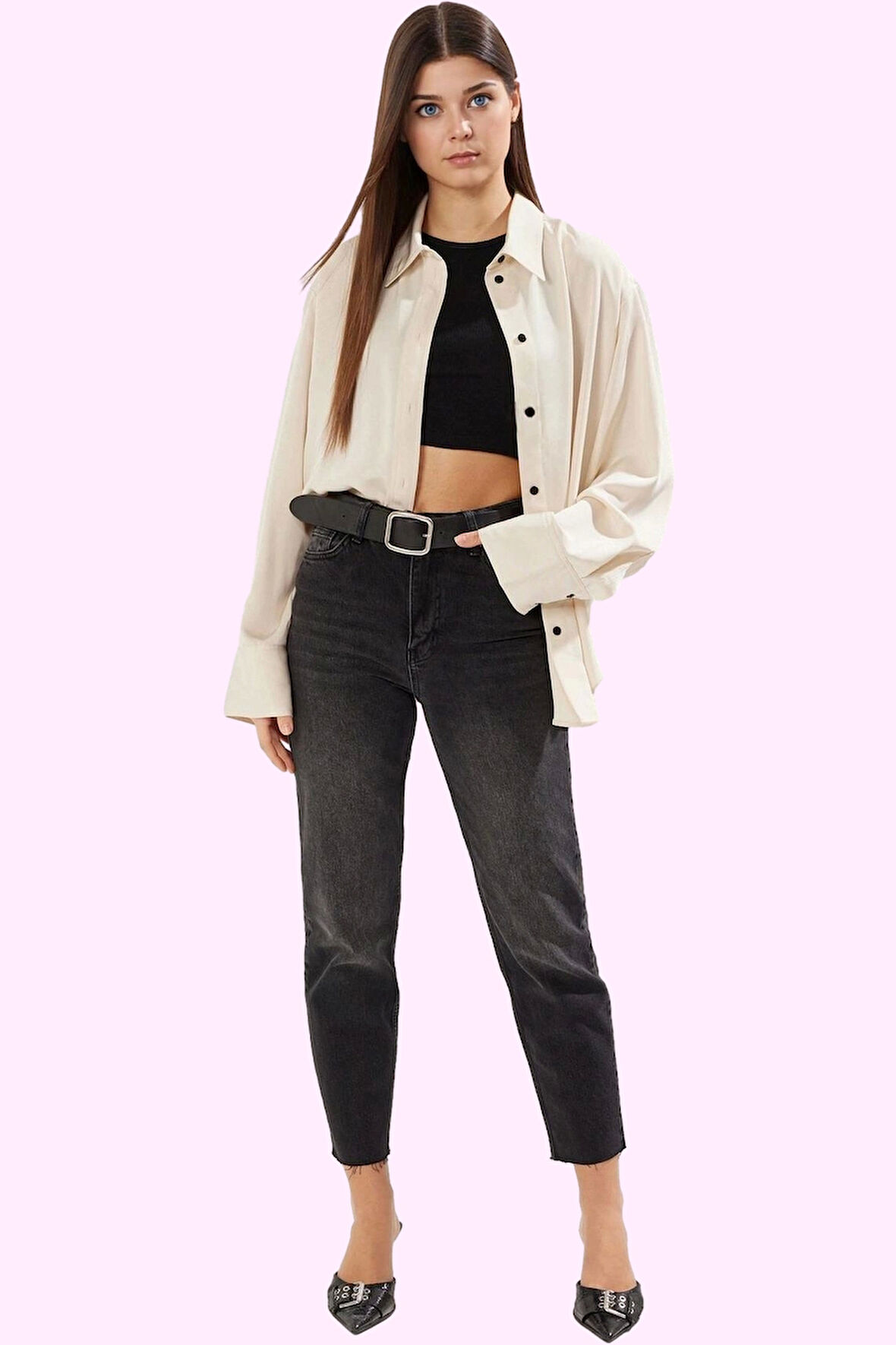 Kadın Mom Jean Geniş Paça Uzun Boy Denim Düz Desen Günlük Stil Hafta Sonu Kaliteli Malzeme
