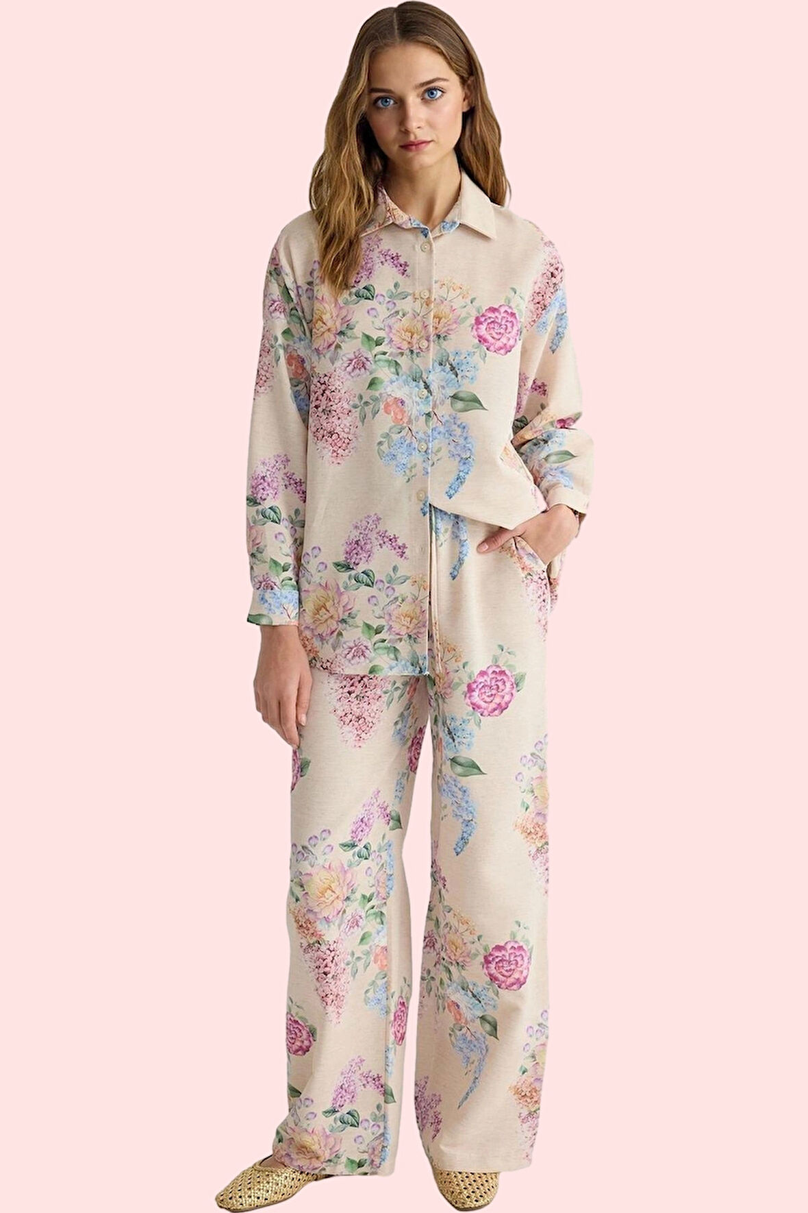 Kadın Çiçekli Desenli Oversize Keten Görünümlü Gömlek Polyester Günlük Kullanım Hafta Sonu