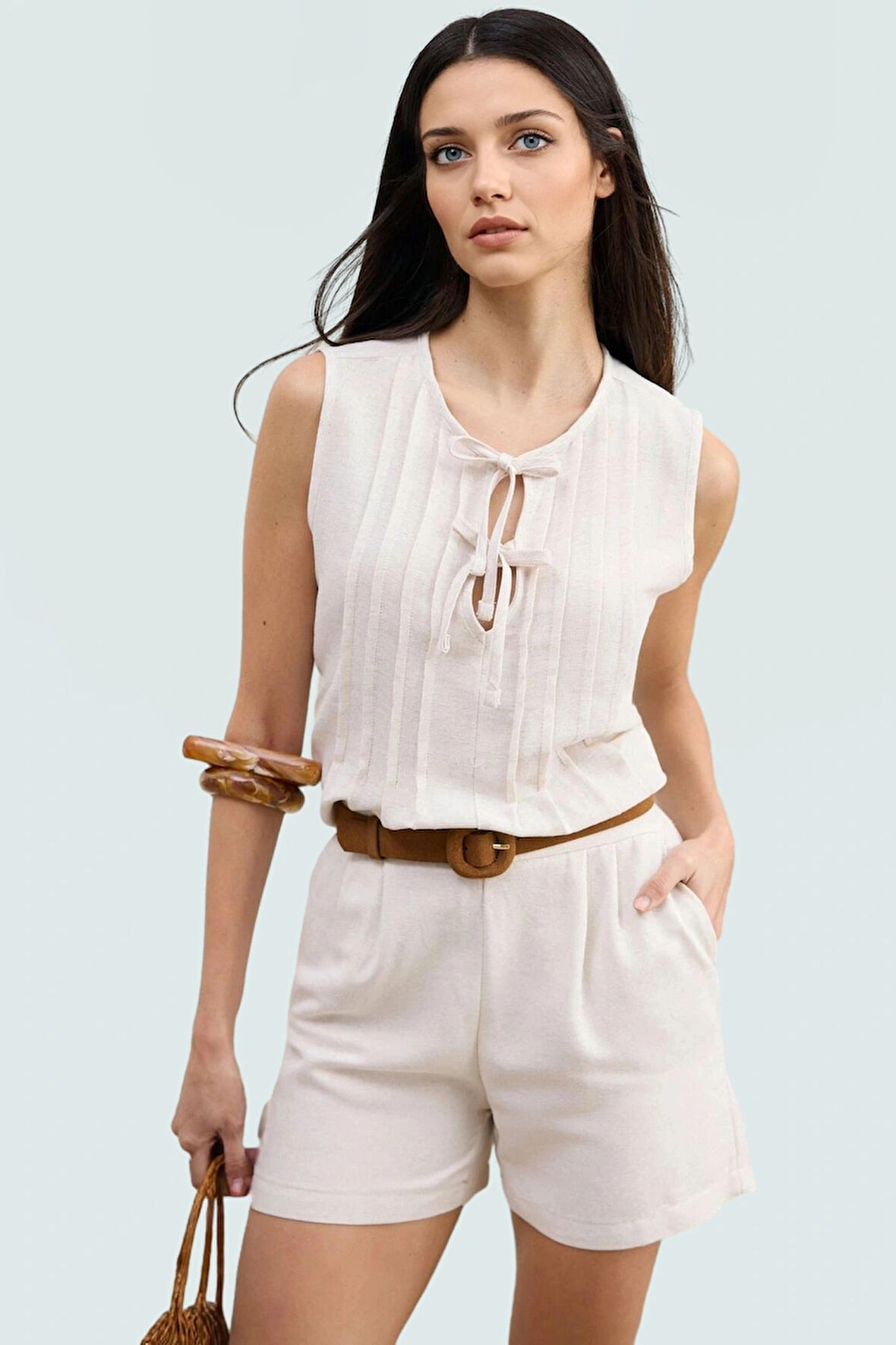 Yazlık Keten Karışımlı Bisiklet Yaka Bluz Rahat Günlük Stil Premium Kalite Profesyonel Görünüm