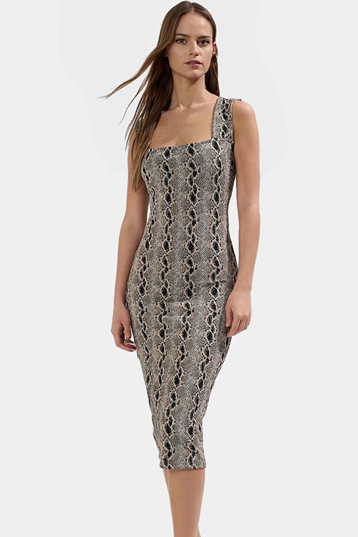 Animal Desenli Kare Yaka Bodycon Midi Örme Elbise Yazlık Rahat Şık Özel Tasarım