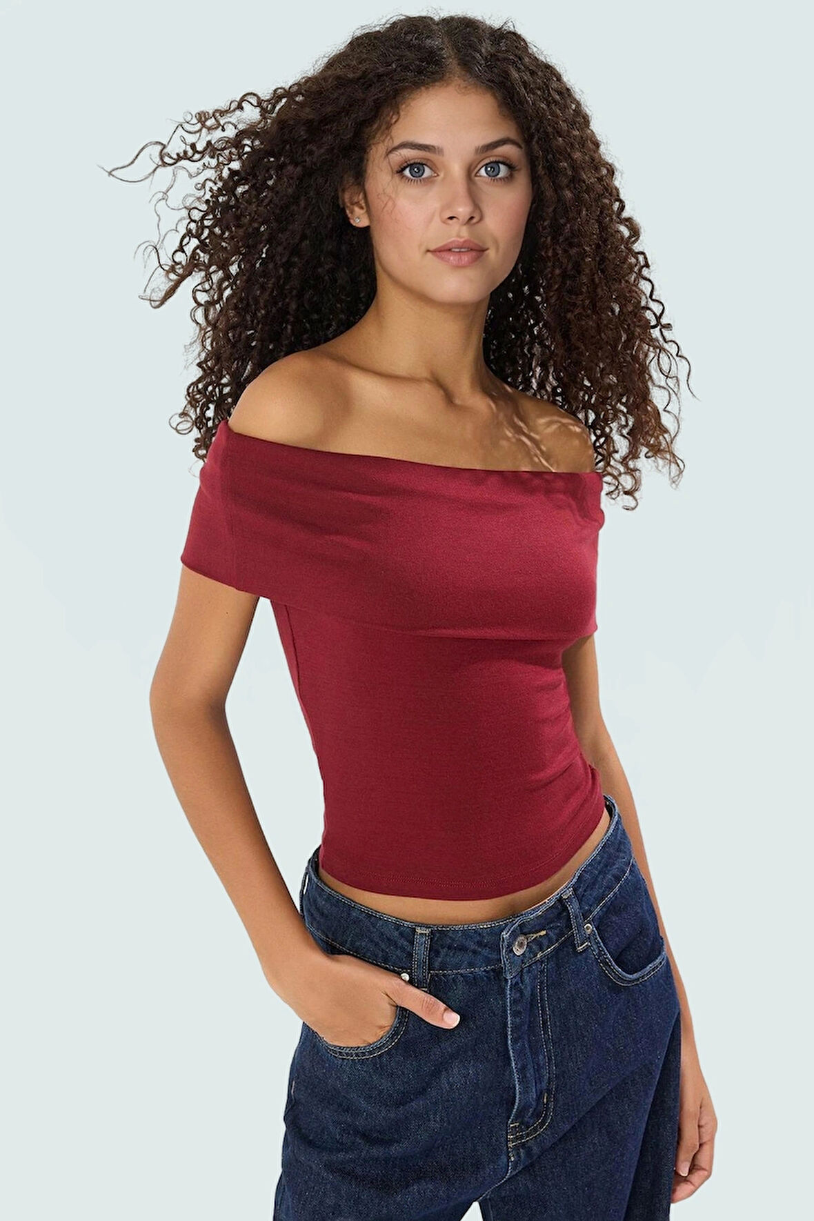 Viskoz Ribana Carmen Yaka Kısa Kollu Fitted Bluz Rahat Kullanım Özel Tasarım Premium Kalite