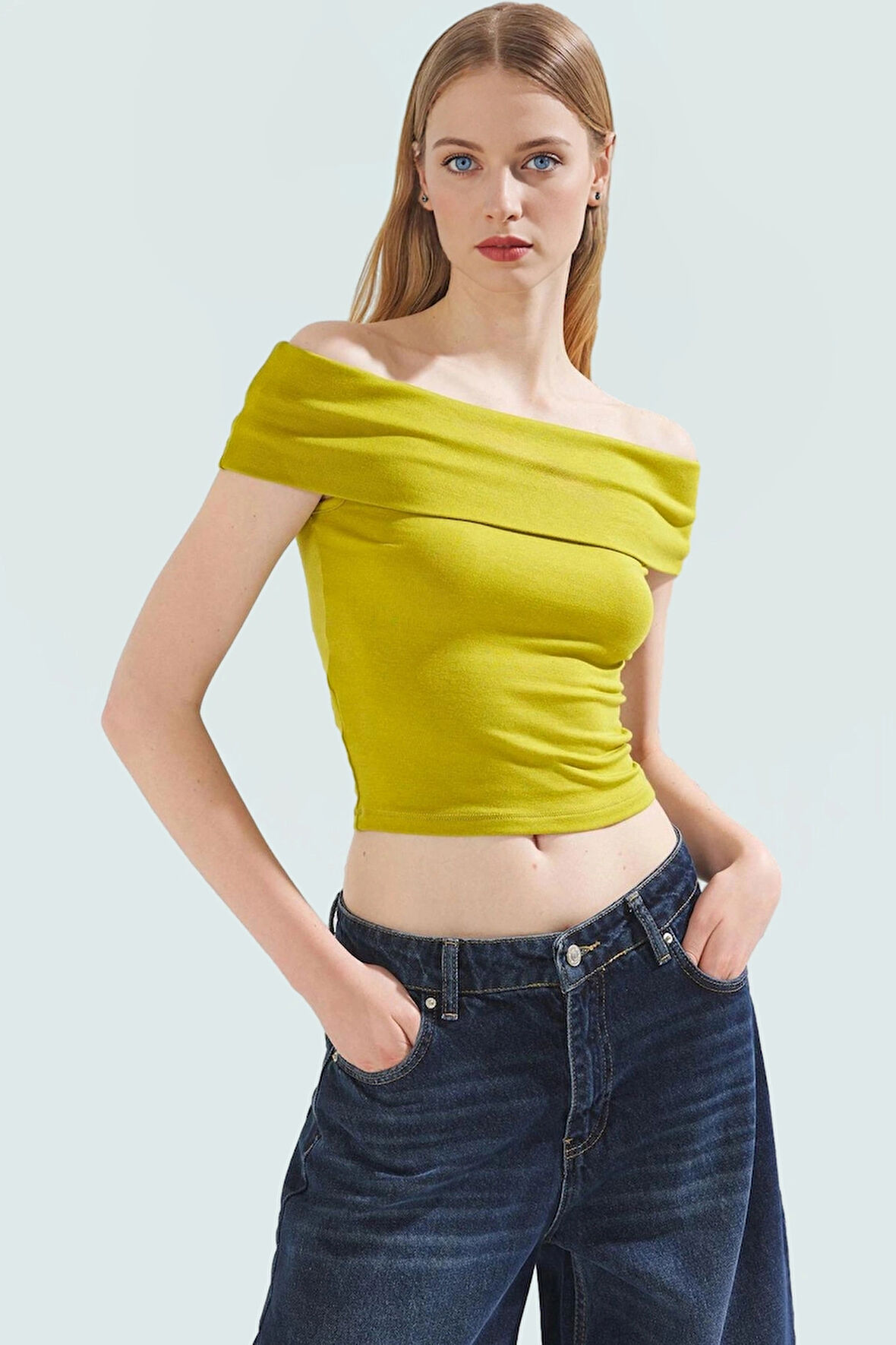 Viskoz Ribana Carmen Yaka Kısa Kollu Fitted Bluz Rahat Kullanım Özel Tasarım Premium Kalite