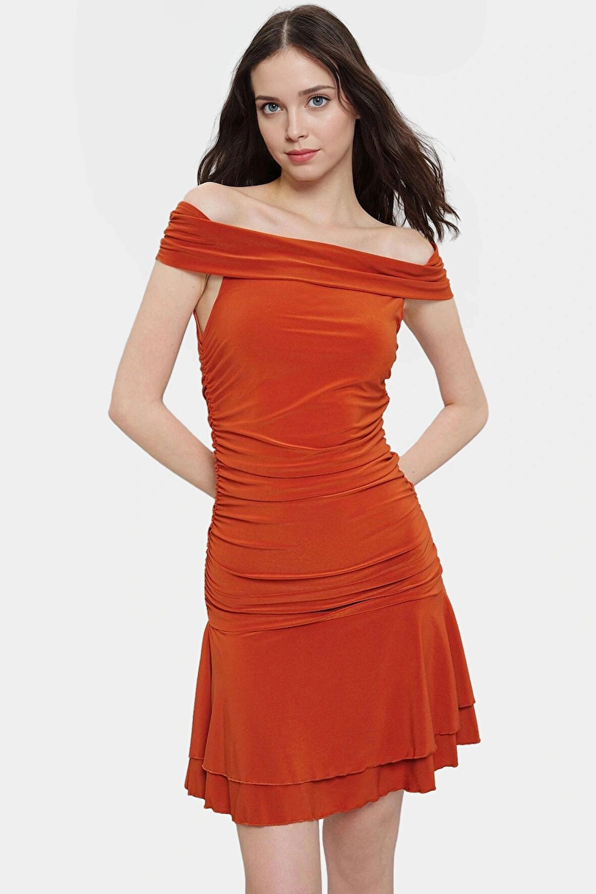 Kadın A line Mini Örme Elbise Carmen Yaka Günlük Kullanım Trend Tasarım Modern Stil Konforlu Kesim