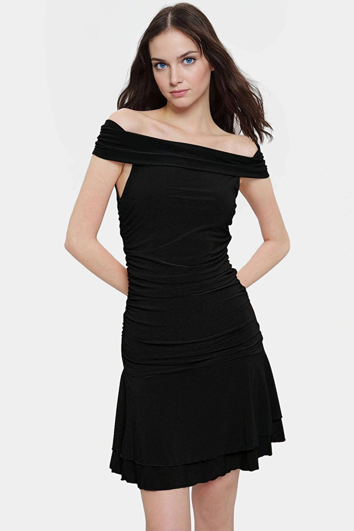 Kadın A line Mini Örme Elbise Carmen Yaka Günlük Kullanım Trend Tasarım Modern Stil Konforlu Kesim