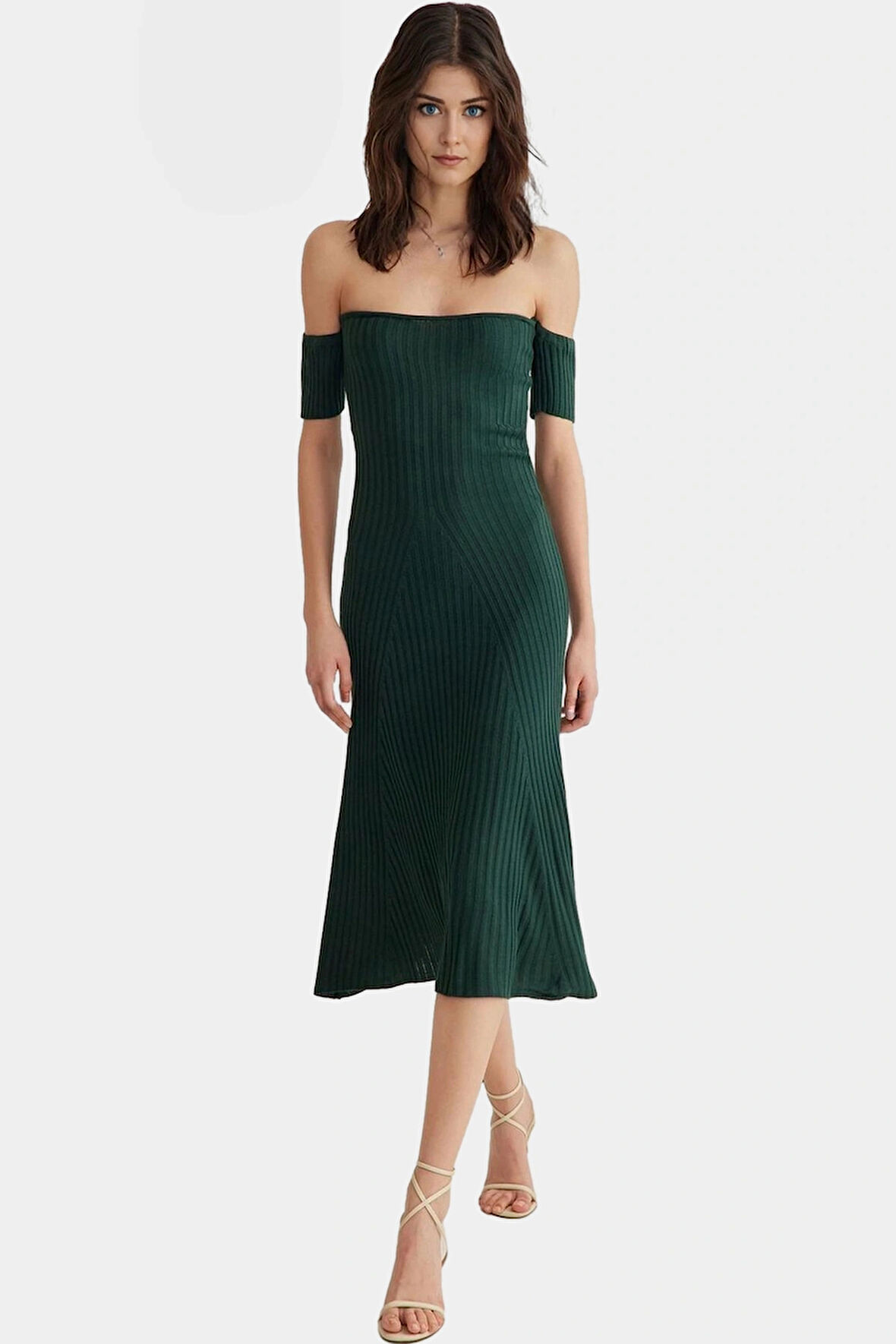 Şık Midi Boy Triko Elbise Carmen Yaka A Line Günlük Özenle Seçilmiş Profesyonel Görünüm