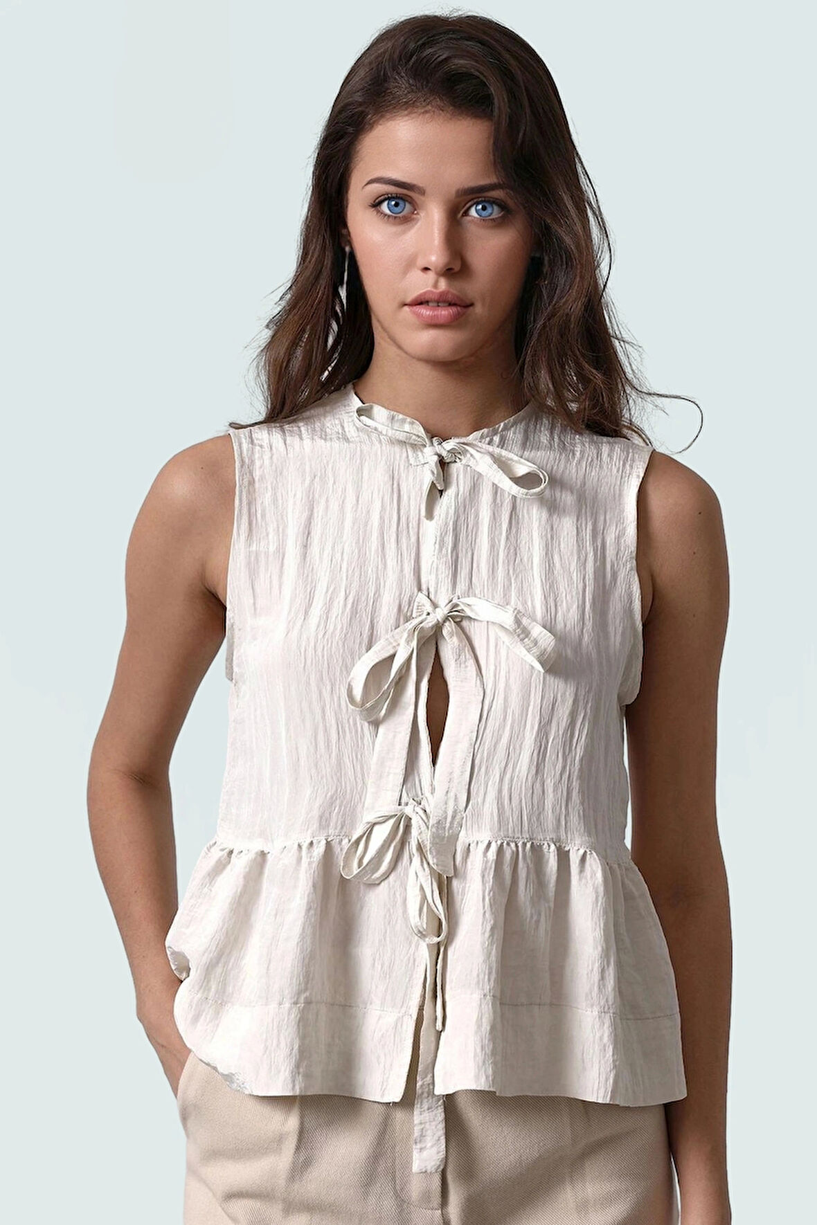 Keten Görünümlü Büzgülü Crop Bluz Rahat Yazlık Stil Dayanıklı Malzeme Kullanım