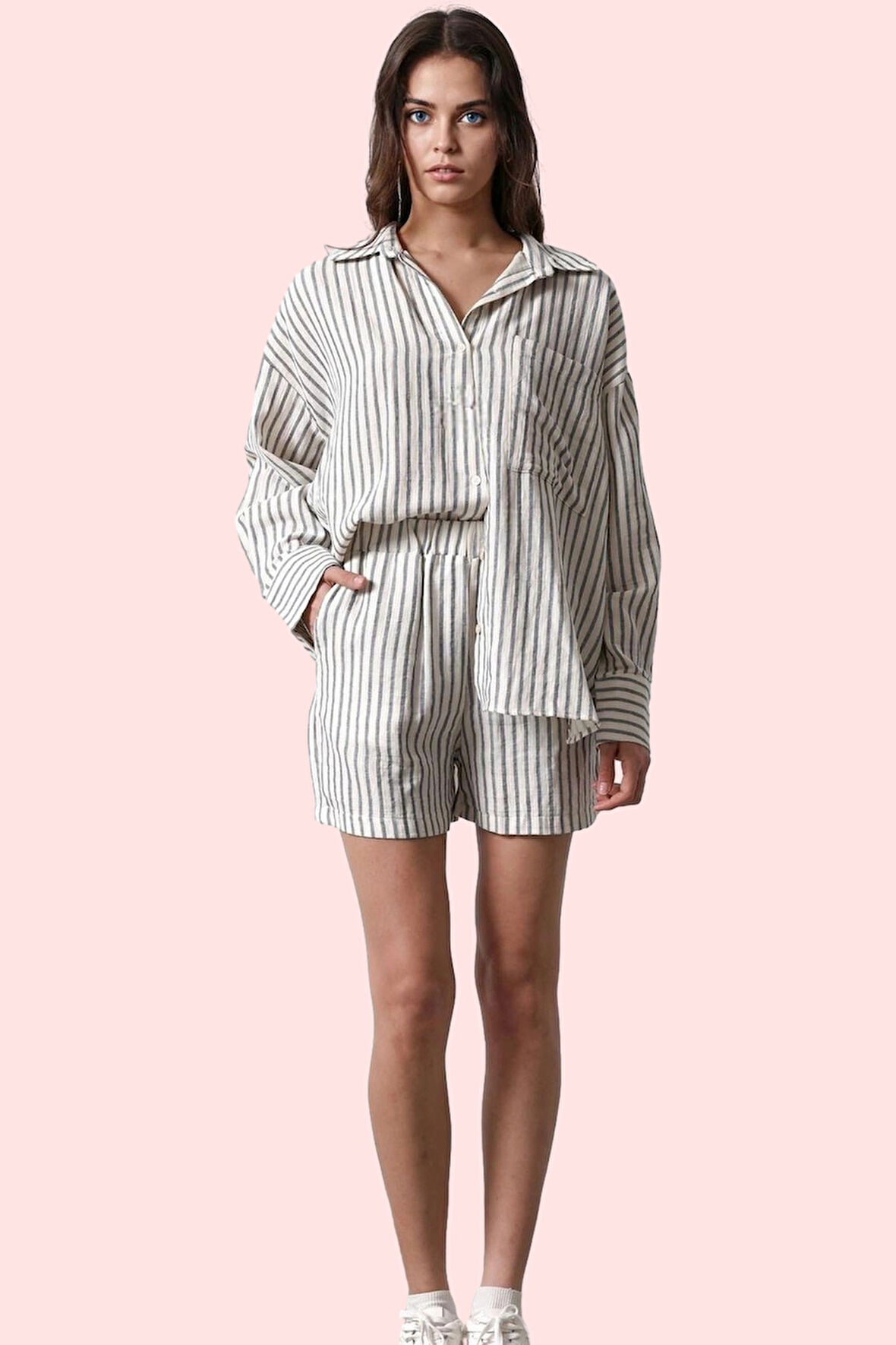Kadın Çizgili Müslin Şort Yüksek Bel Geniş Paça Kısa Boy Pamuklu Günlük Yaz Aylarının Vazgeçilmezi
