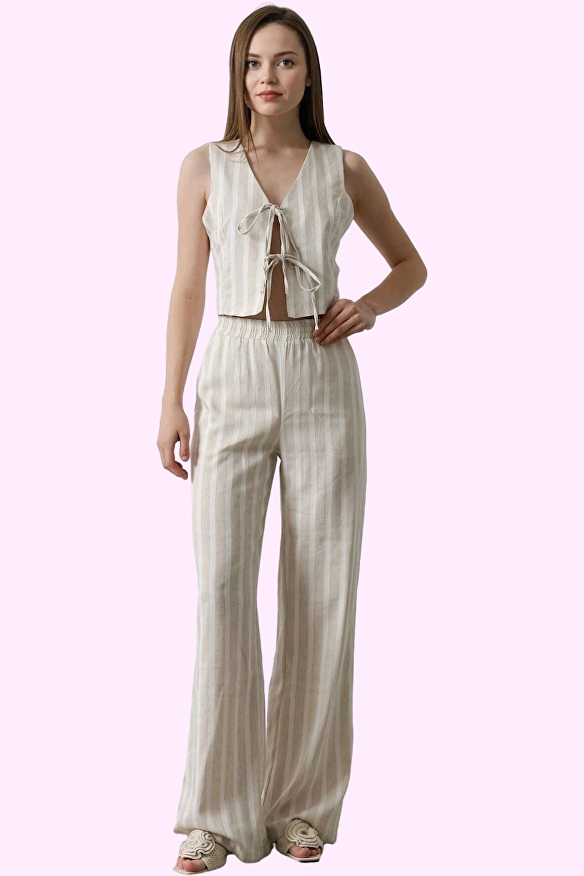 Kadın Çizgili Keten Görünümlü Wide Leg Pantolon Pamuk Günlük Kullanım Yaz Aylarının Vazgeçilmezi