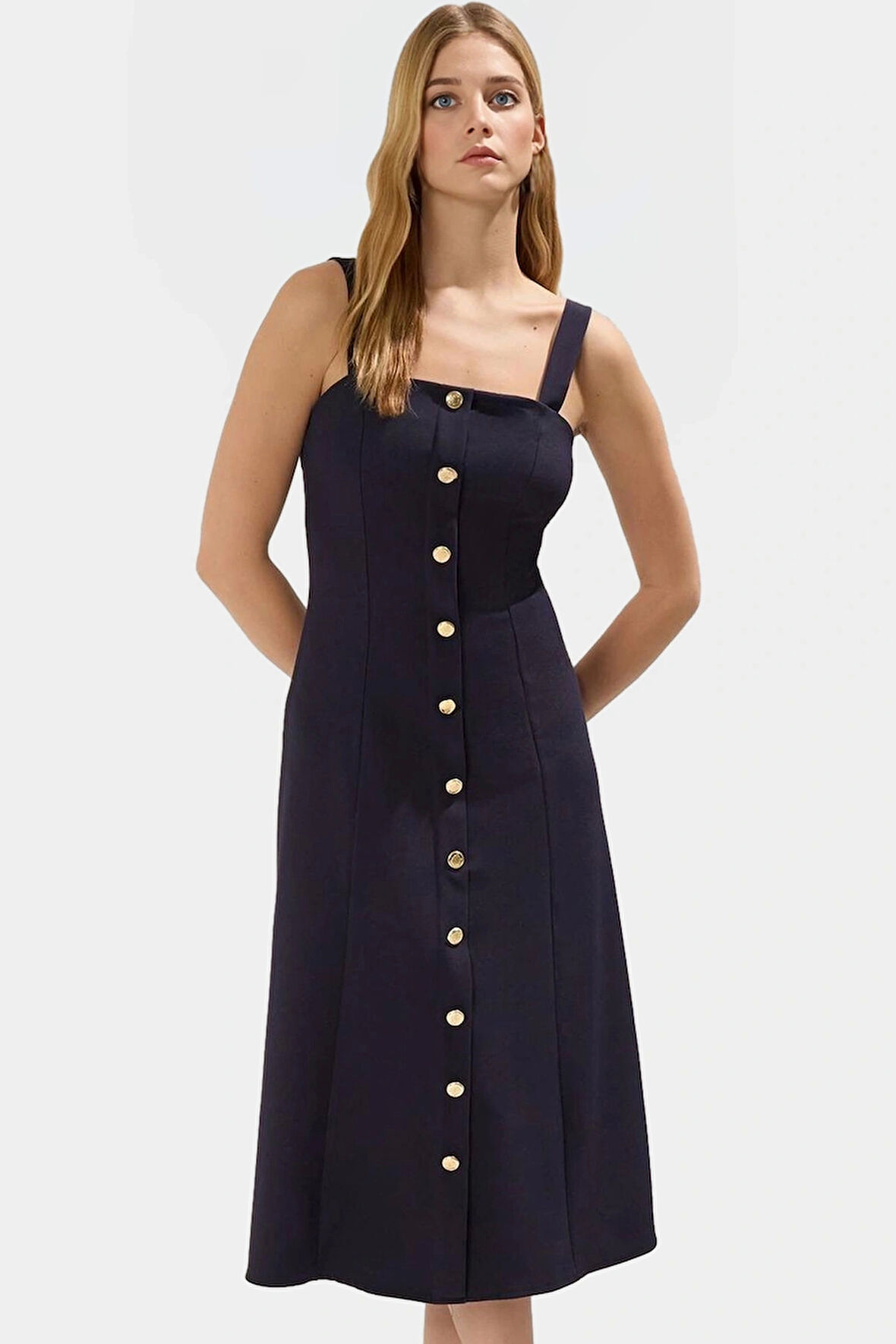 Yazlık Kadın A Kesim Midi Elbise Dokuma Kumaştan Üretilmiş Yüksek Kalite Mükemmel Uyum