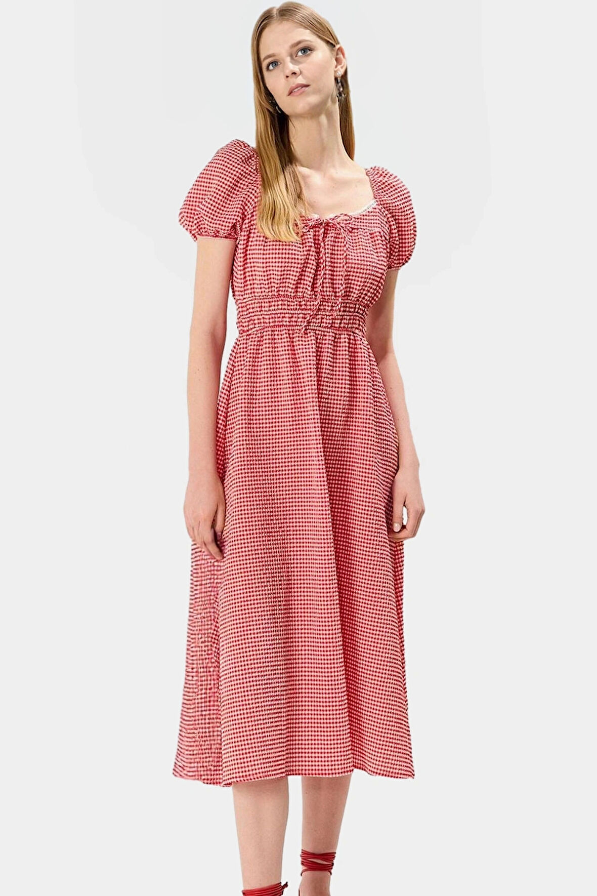 Yazlık Ekose A Kesim Midi Elbise Dantel Detaylı Balon Kol Uzun Ömürlü Modern Stil