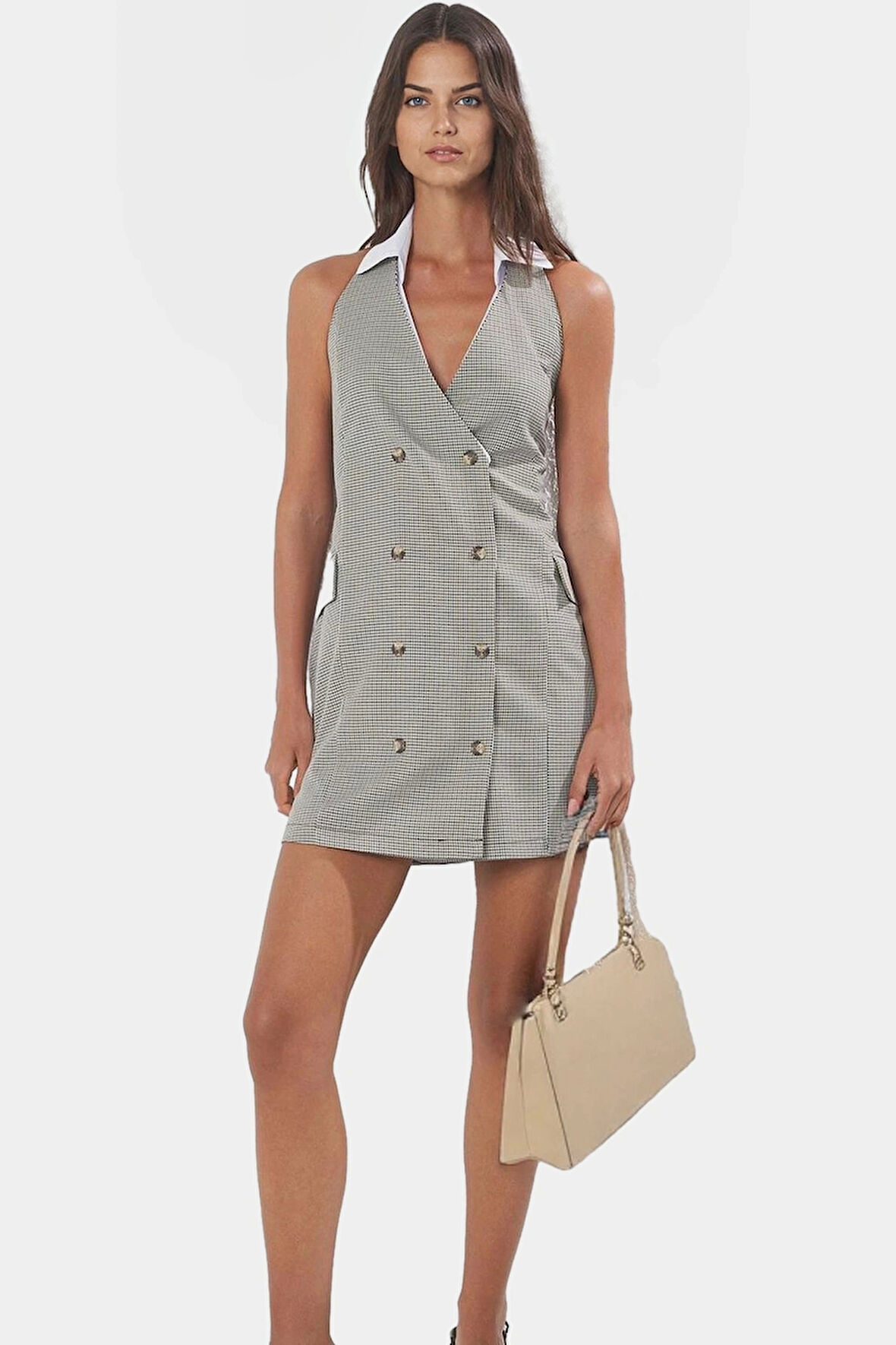 Yazlık Ekose Mini Ceket Elbise %Polyester Dokuma Kumaş Özenle Seçilmiş Premium Kalite