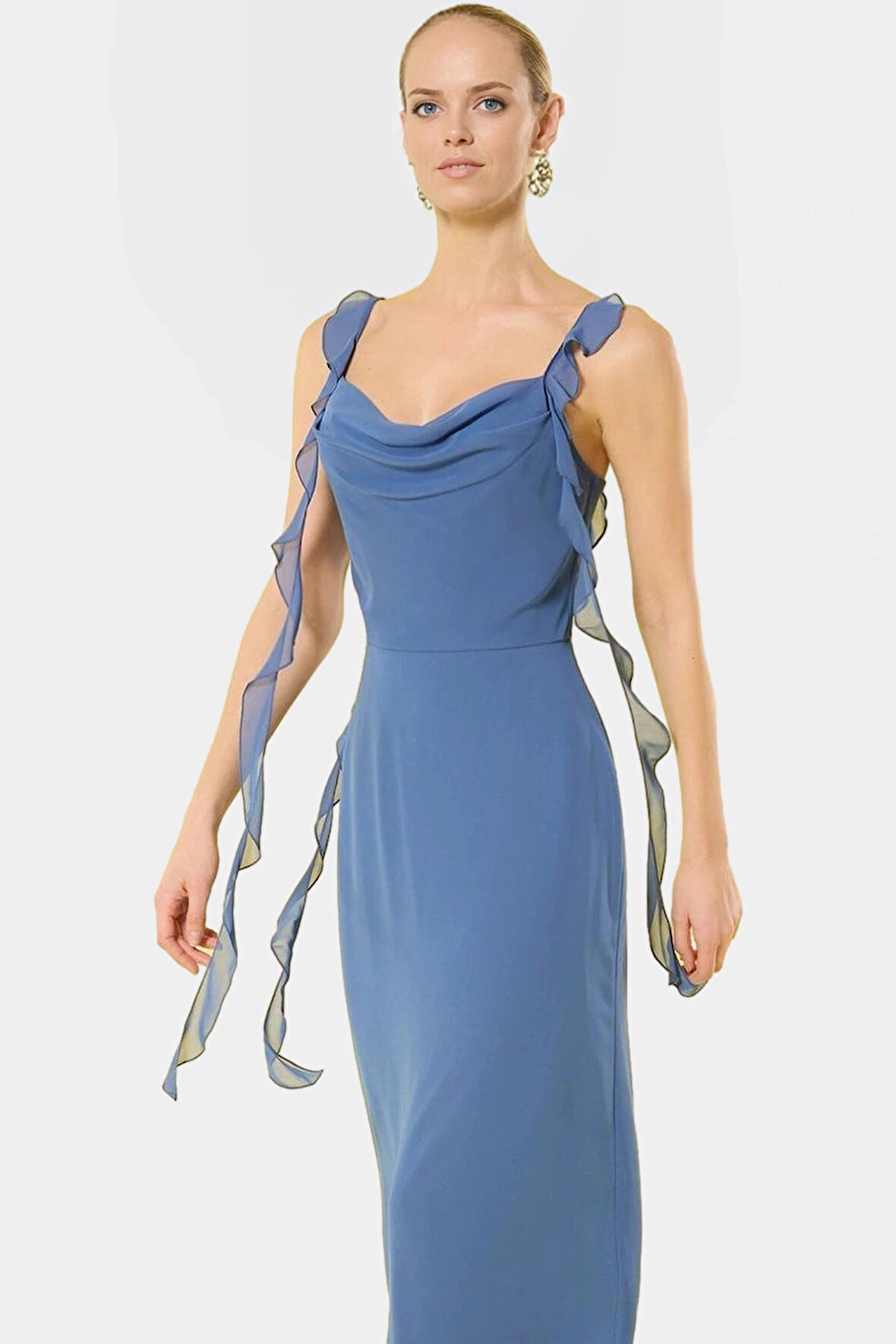 Şifon A Kesim Midi Elbise Büzgülü Kolsuz Yazlık Özenle Seçilmiş Profesyonel Görünüm