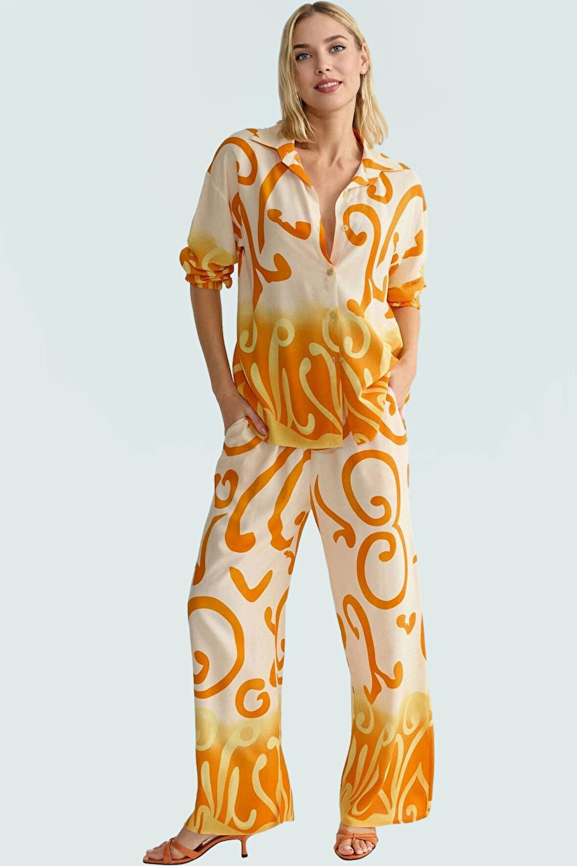 Şal Desenli Viskoz Yazlık Takım Elbise Rahat Günlük Stil Mükemmel Uyum Konforlu Kesim