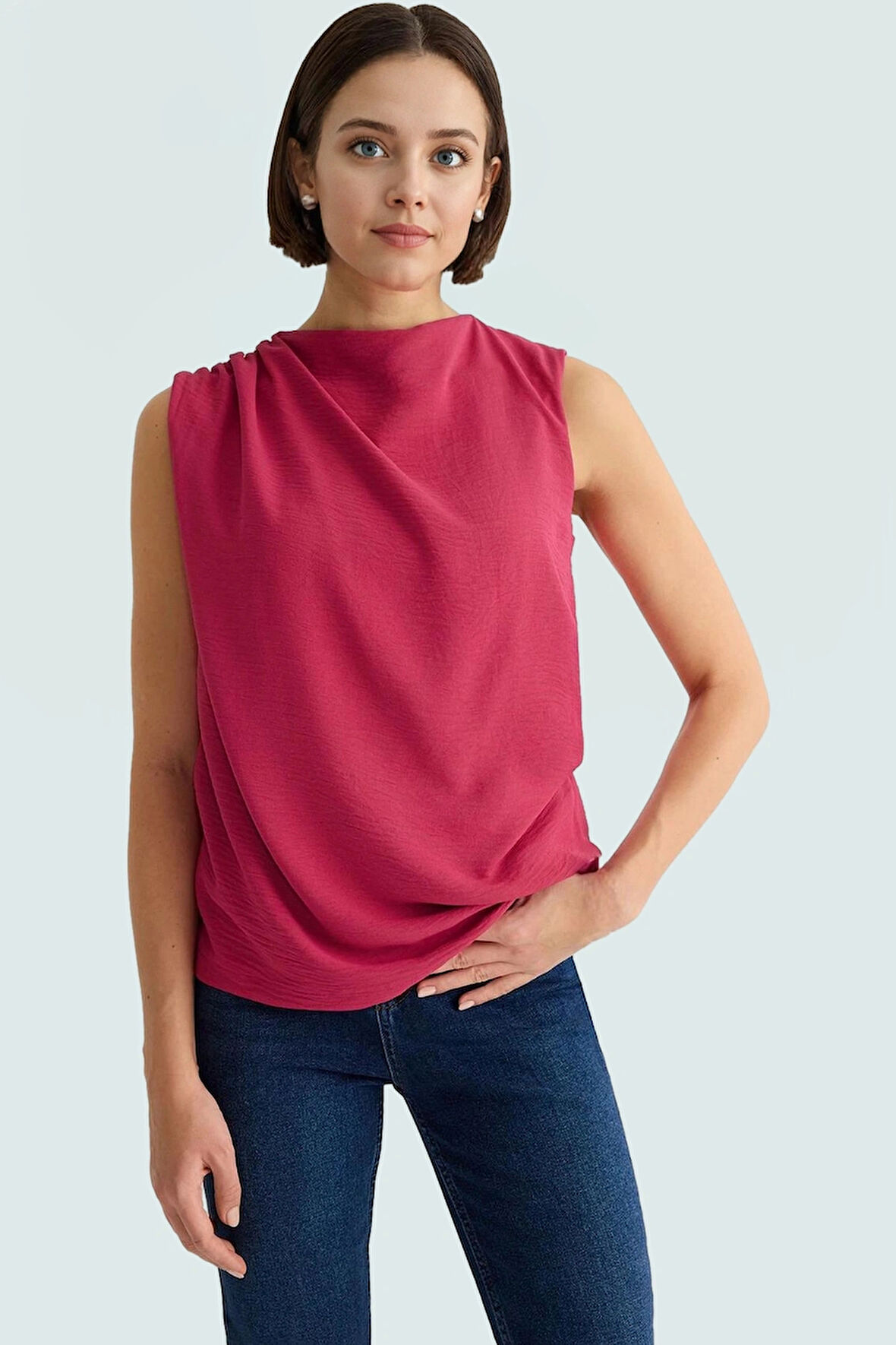 Şık Bisiklet Yaka Kolsuz Bluz %100 Polyester Yazlık Günlük Zarifane Tasarım Görünüm