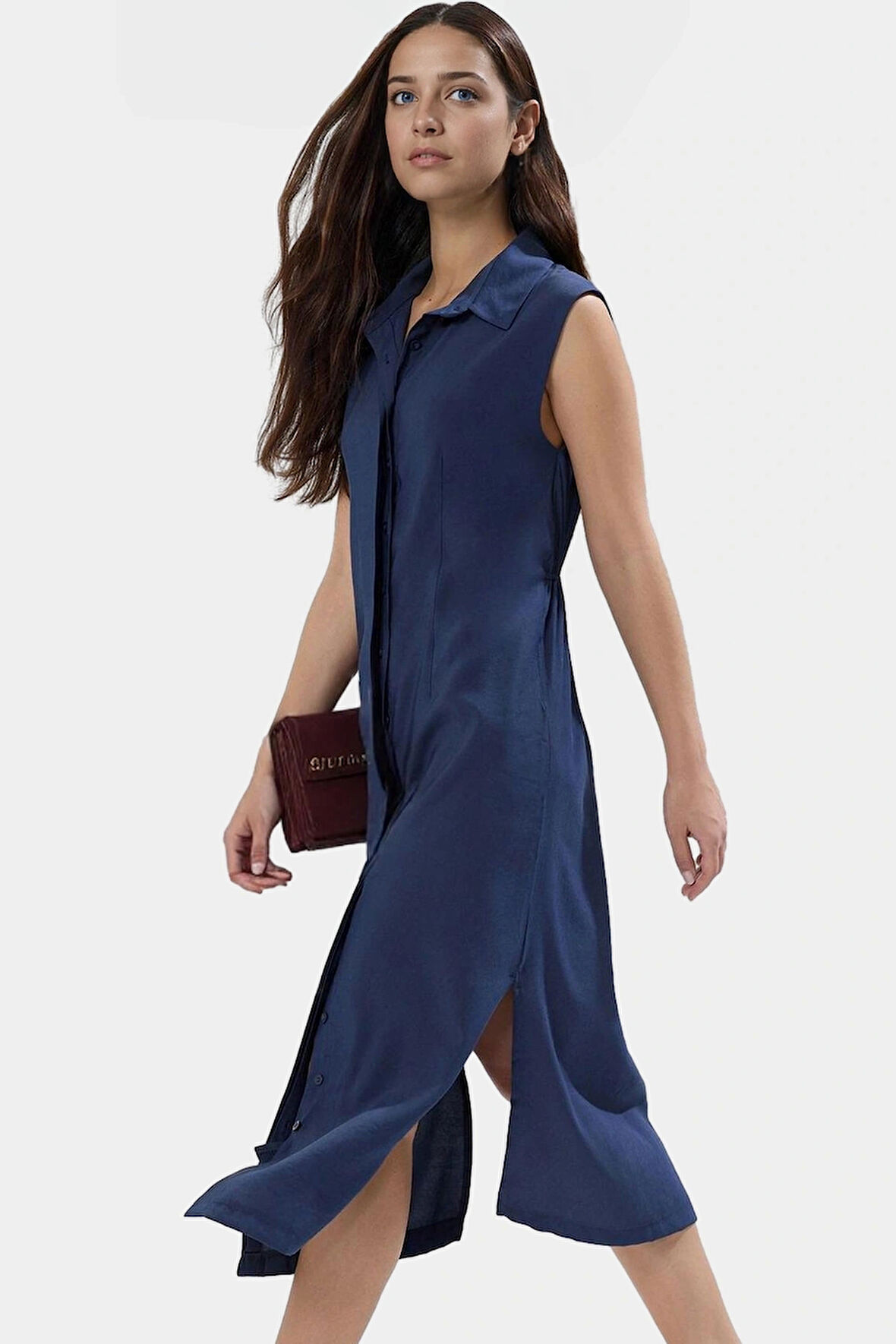 Midi Dokuma Gömlek Elbise 85% Modal 15% Polyester Günlük Stil Yüksek Kalite Mükemmel Uyum