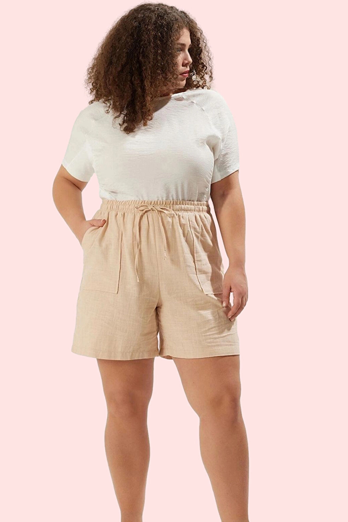 Kadın Büyük Beden Keten Görünümlü Şort Rengi Rahat Günlük Yaz Hafta Sonu Dayanıklı Malzeme