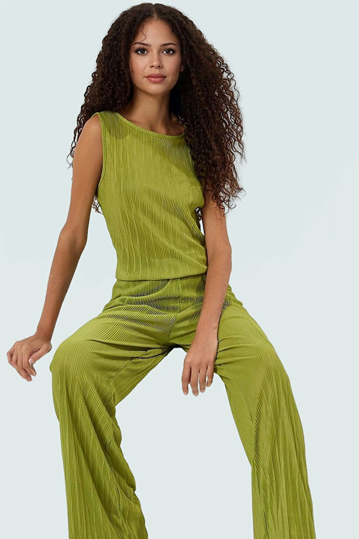 Şık Pilise Örme Pantolon Bluz Takım Yazlık Rahat Kombin Uzun Ömürlü Kullanım